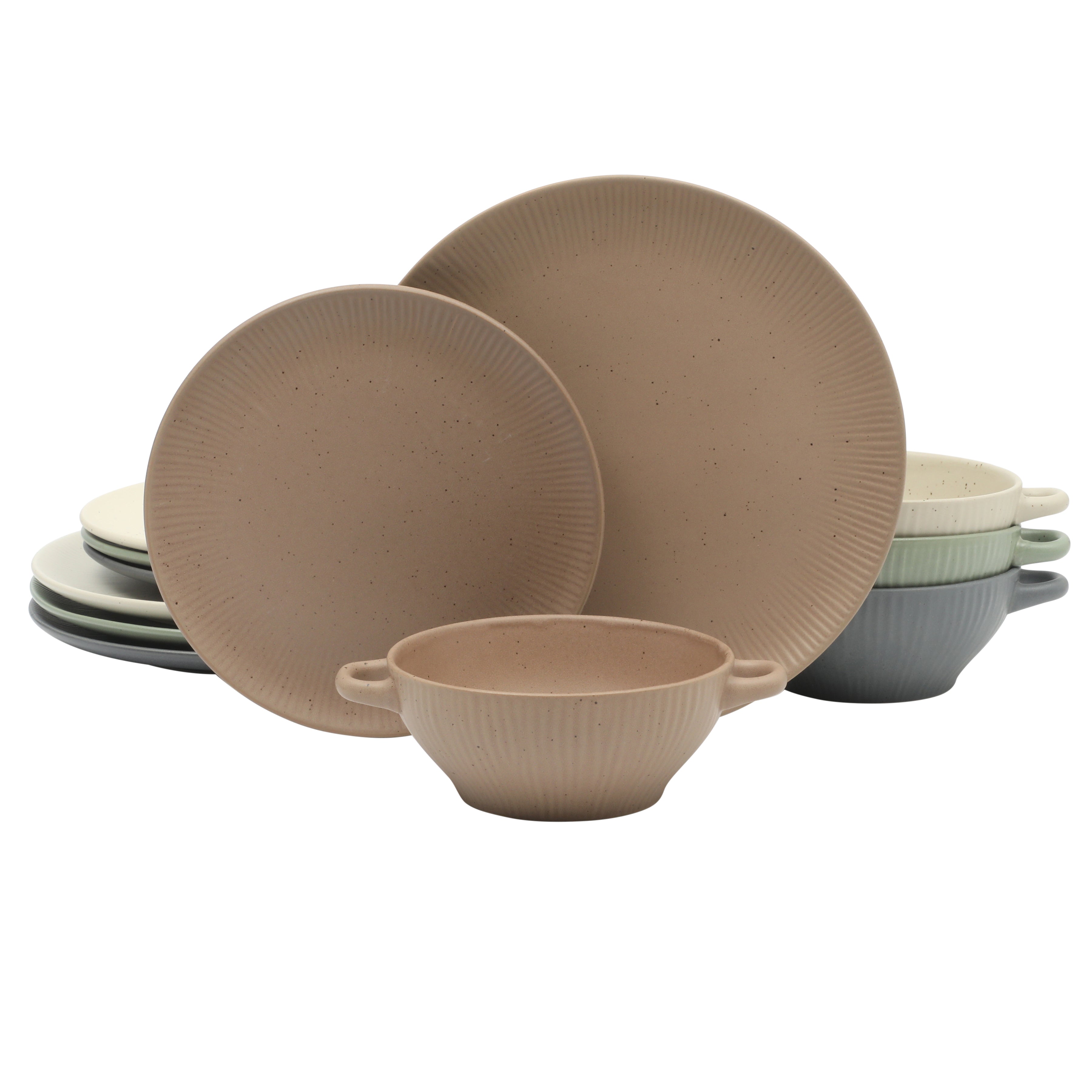 Gibson Elite Clover Hill 12-Piece Stoneware Dinnerware Set – Embossed Plates and Bowls with Matte Speckled Reactive Glaze, Service for 4 – Microwave & Dishwasher Safe
