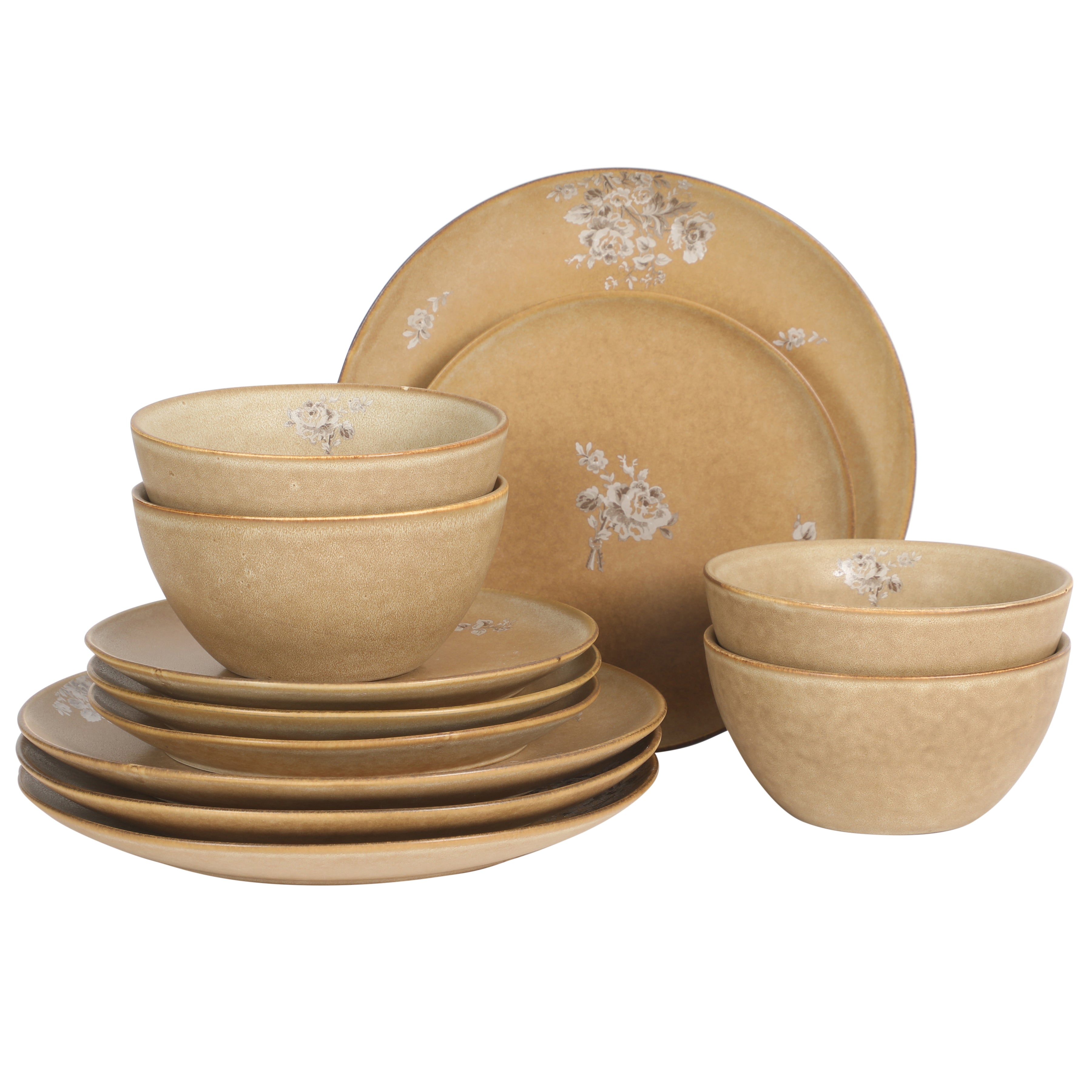 Gibson Elite Valencia Bloom 12 Piece Plates and Bowls Dinnerware Set - Taupe with Floral Decal Dishes - Microwave and Dishwasher Safe