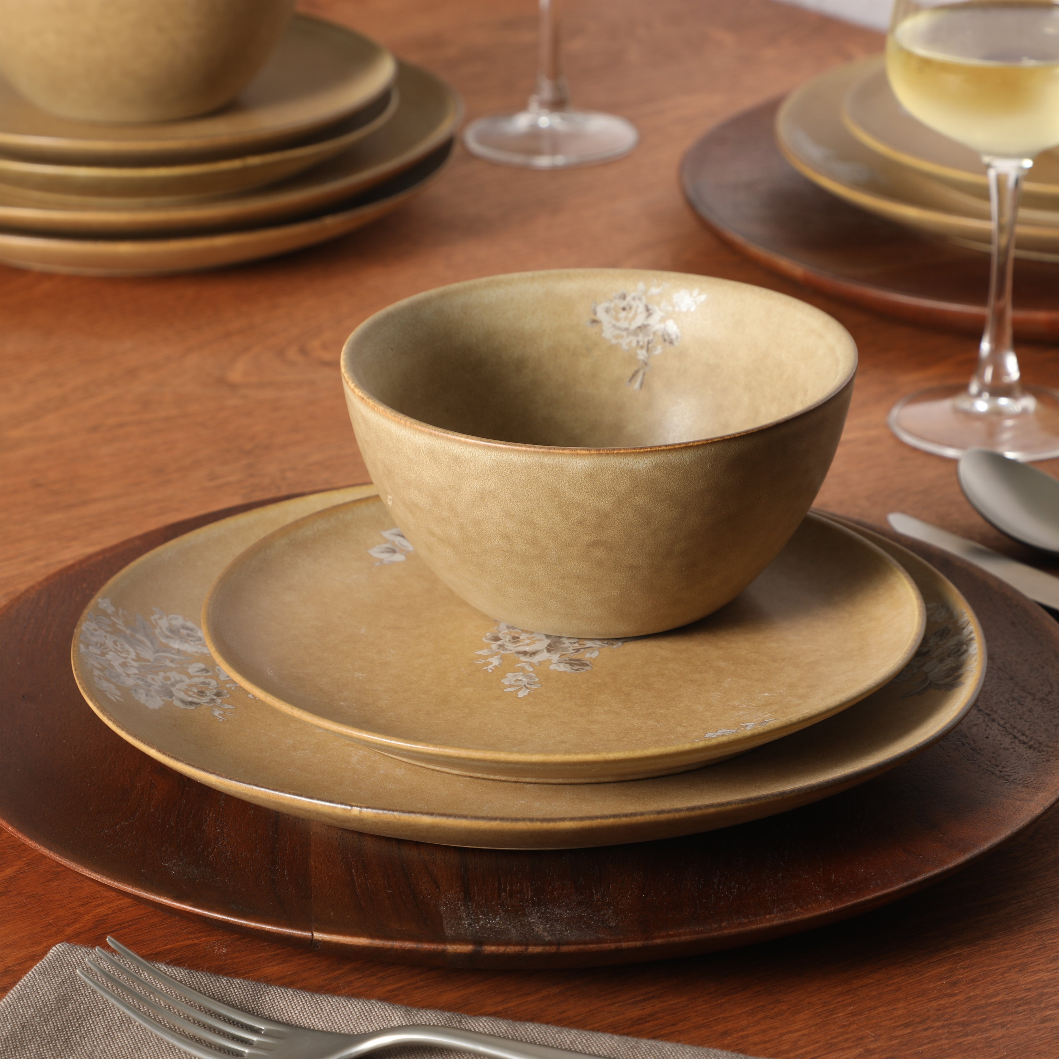 Gibson Elite Valencia Bloom 12 Piece Plates and Bowls Dinnerware Set - Taupe with Floral Decal Dishes - Microwave and Dishwasher Safe