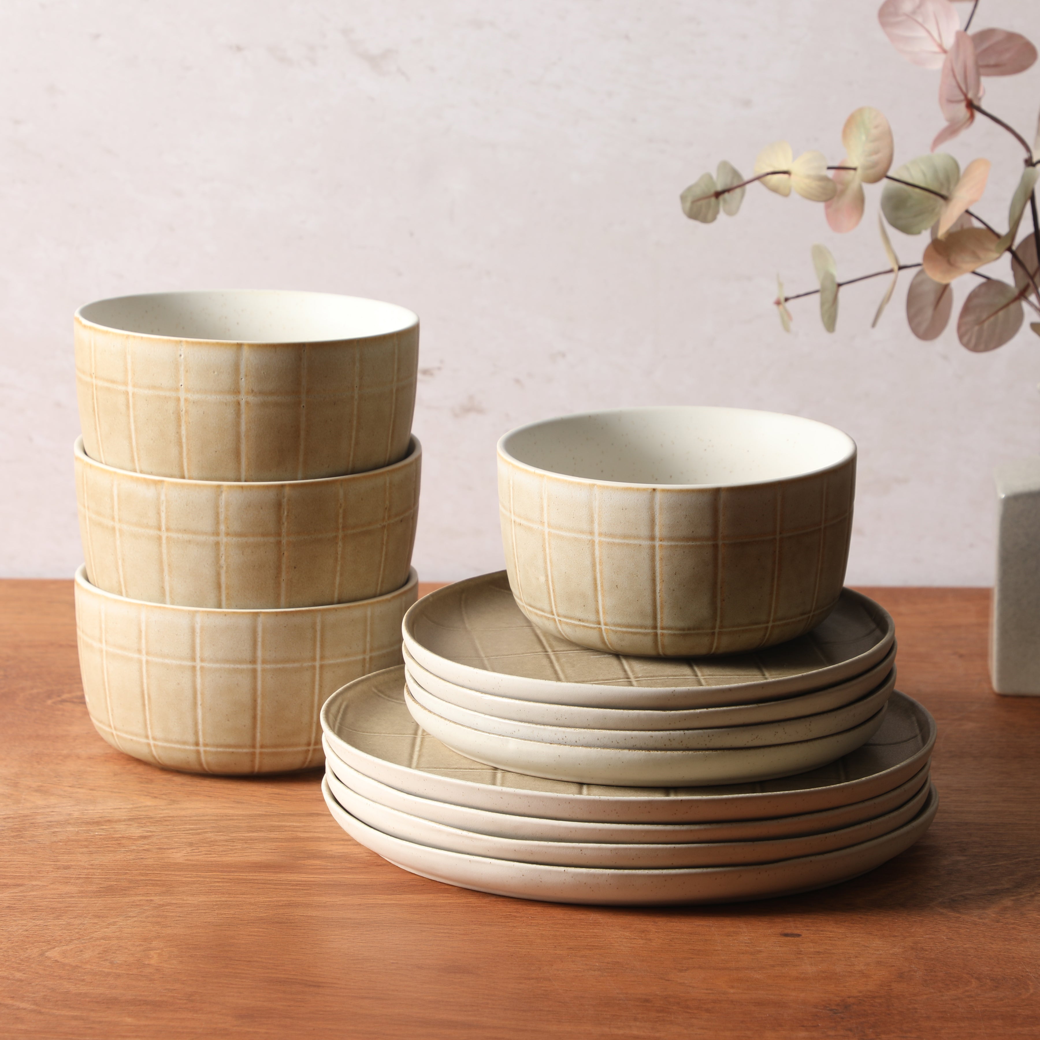 Gisbon Elite Butterwick 12 Piece Plates and Bowls Stoneware Dinnerware Set - Reactive Glaze Patterned Dishes - Microwave and Dishwasher Safe