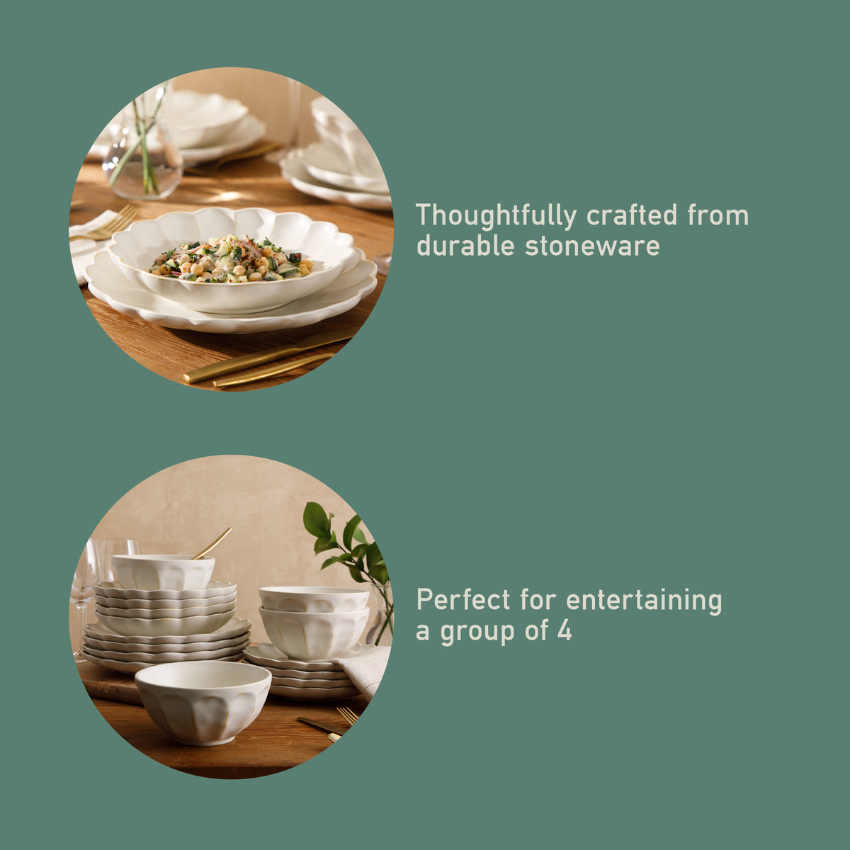 Bloomhouse Plates and Bowls Set, 16 Piece Stoneware Dinnerware for 4, Scallop Embossed, Dishwasher & Microwave Safe, Black