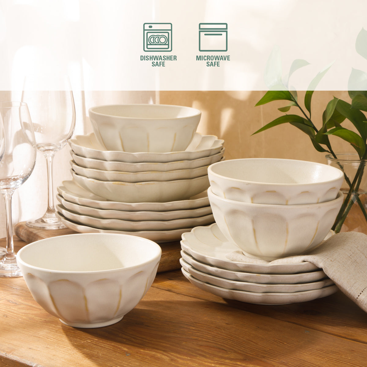 Bloomhouse Plates and Bowls Set, 16 Piece Stoneware Dinnerware for 4, Scallop Embossed, Dishwasher & Microwave Safe, Black
