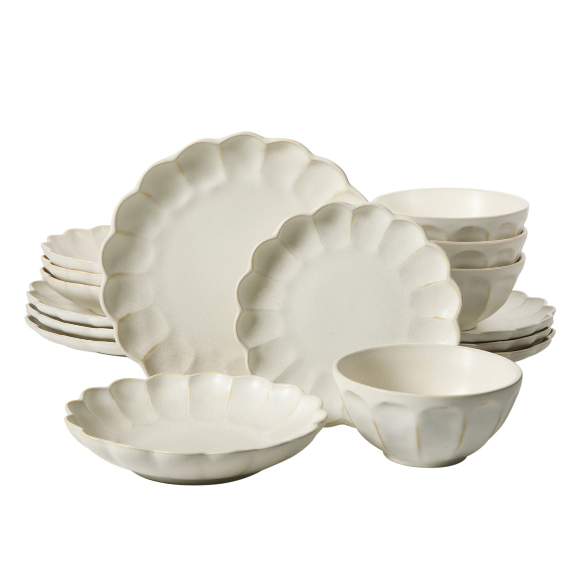 Bloomhouse Plates and Bowls Set, 16 Piece Stoneware Dinnerware for 4, Scallop Embossed, Dishwasher & Microwave Safe, Black