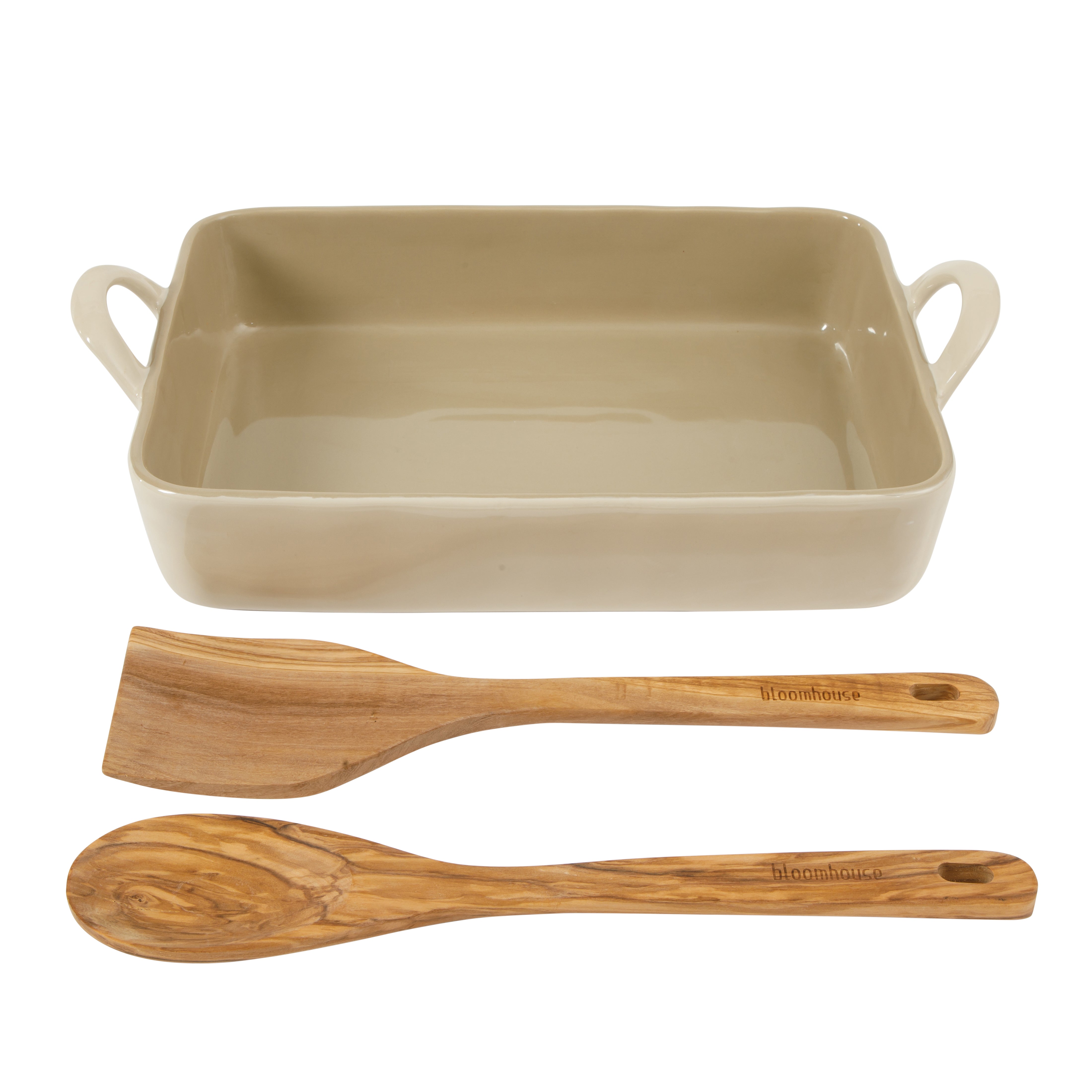 Bloomhouse 3-Piece 4.8-Quart 9 X 13 Ceramic Bakeware Set with Olive Wood Tools – Linen/Taupe Baking Dish with Handles, Oven Safe, Durable Stoneware for Casseroles, Roasting & Serving