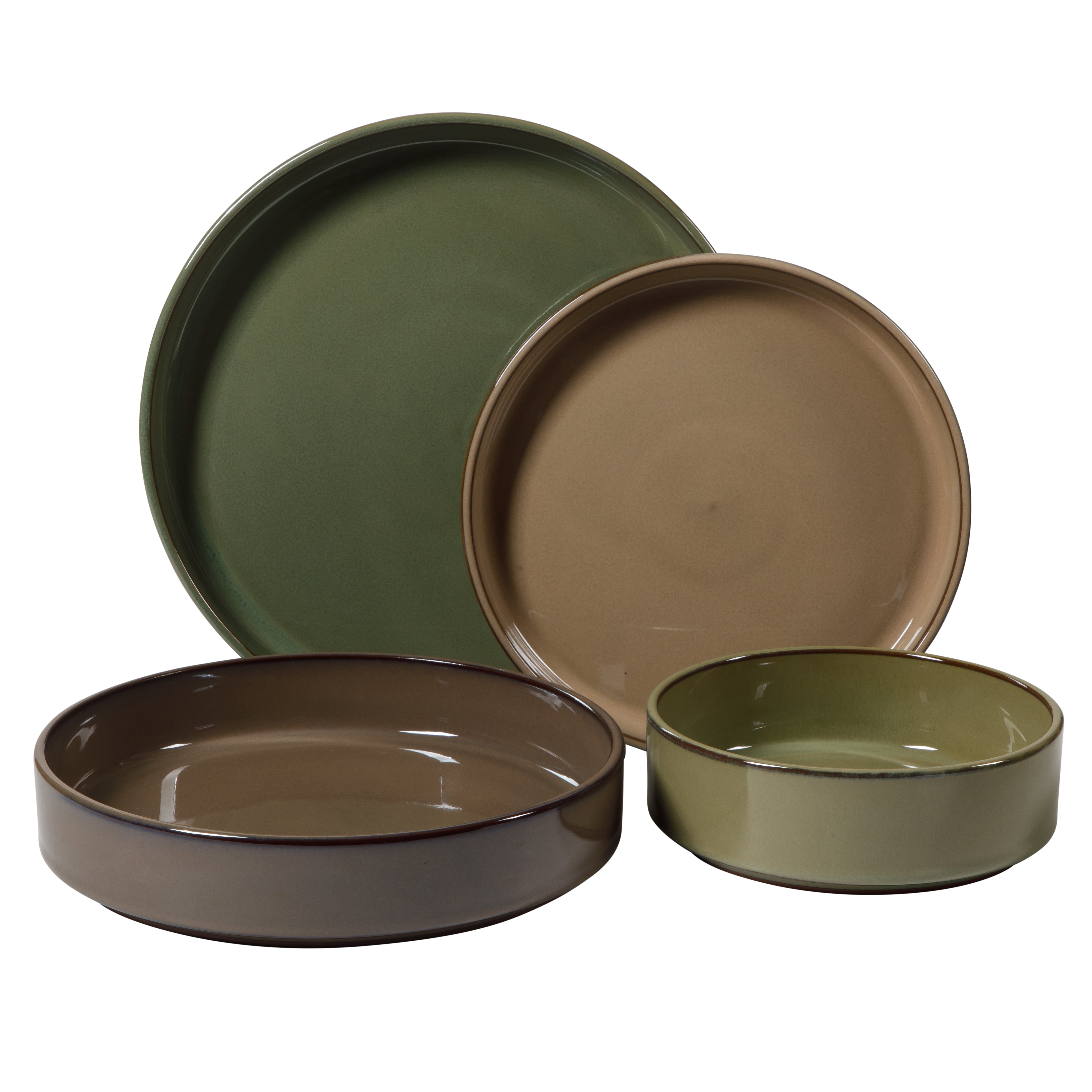 Bloomhouse Santorini Mist 16 Piece Double Bowl Terracotta Reactive Glaze Plates and Bowls Dinnerware Set - Moonstone White, Amber, Garnet Red, or Jade