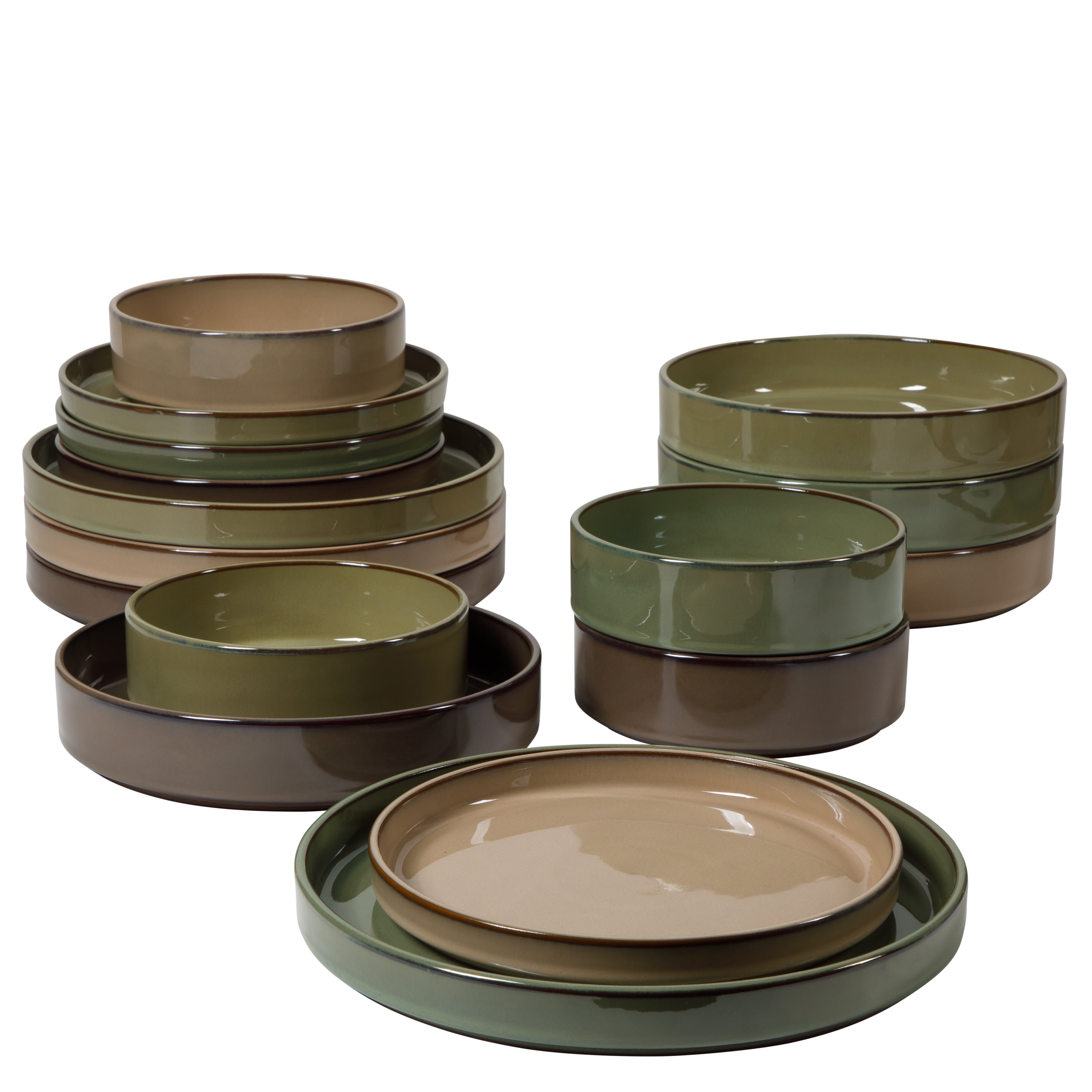 Bloomhouse Santorini Mist 16 Piece Double Bowl Terracotta Reactive Glaze Plates and Bowls Dinnerware Set - Moonstone White, Amber, Garnet Red, or Jade