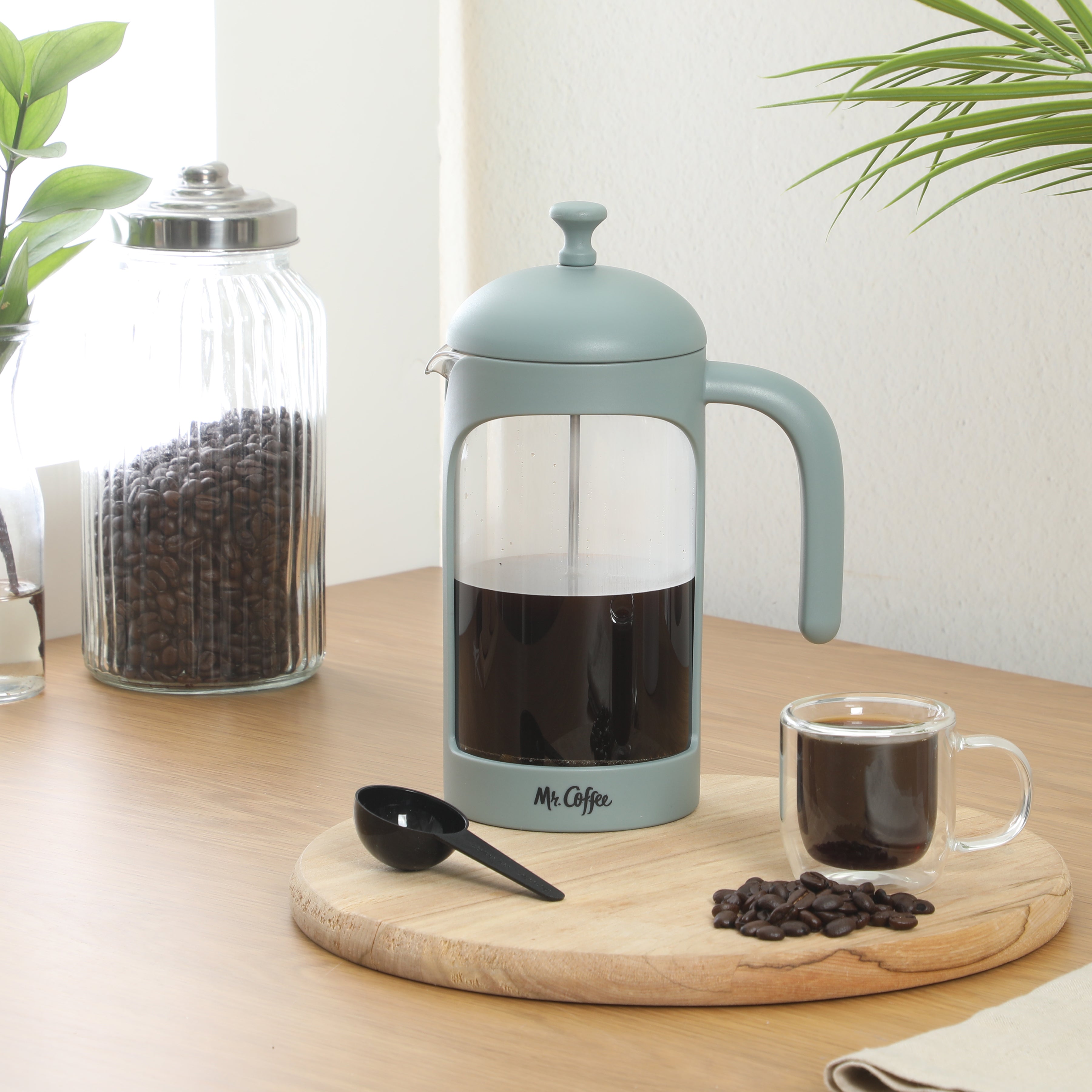 Mr. Coffee Retro Brew French Press Coffee Maker, 31 oz. Glass Carafe with High Heat Resistant Durable Borosilicate Glass & Colorful Frame and Plunger, Includes Coffee Scoop