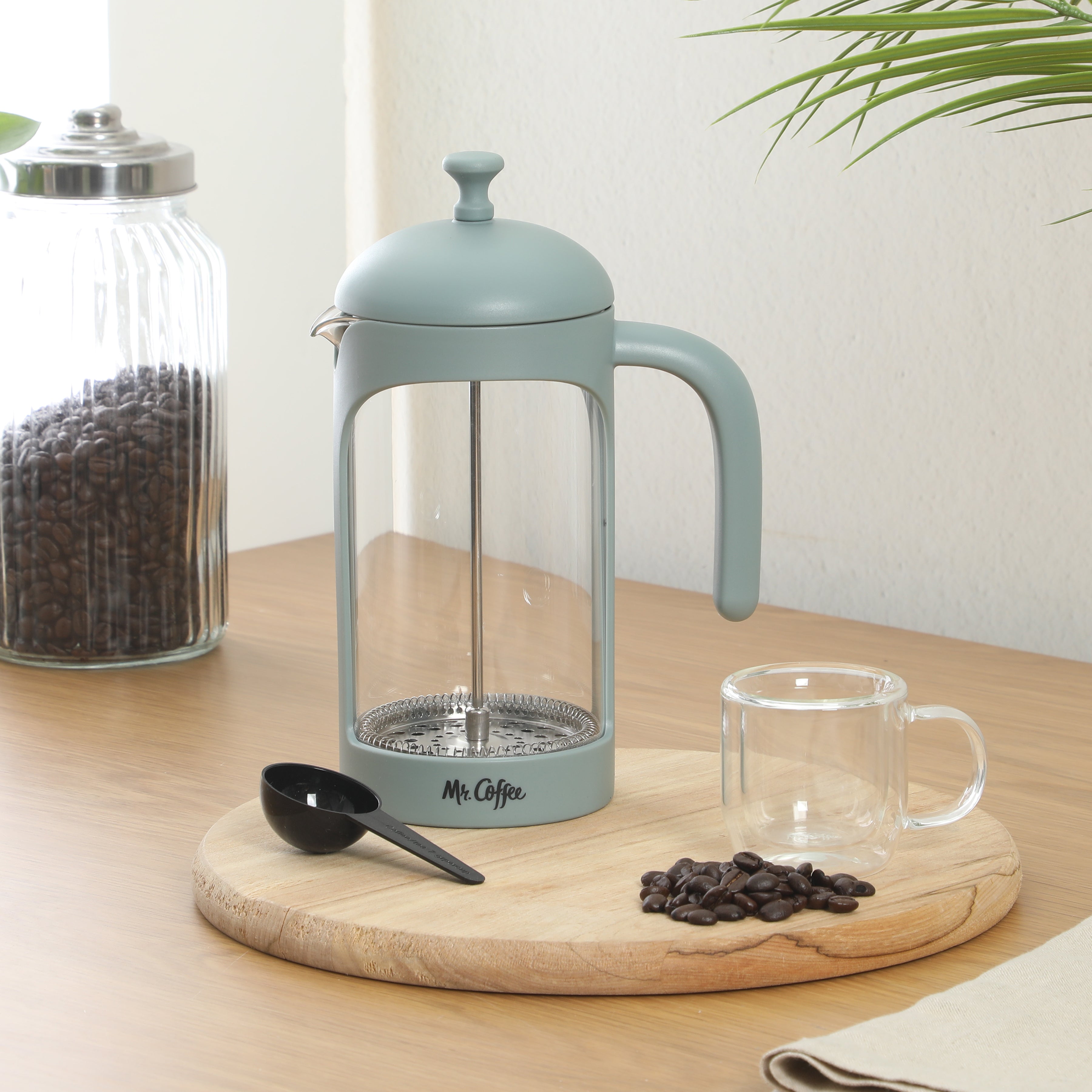 Mr. Coffee Retro Brew French Press Coffee Maker, 31 oz. Glass Carafe with High Heat Resistant Durable Borosilicate Glass & Colorful Frame and Plunger, Includes Coffee Scoop