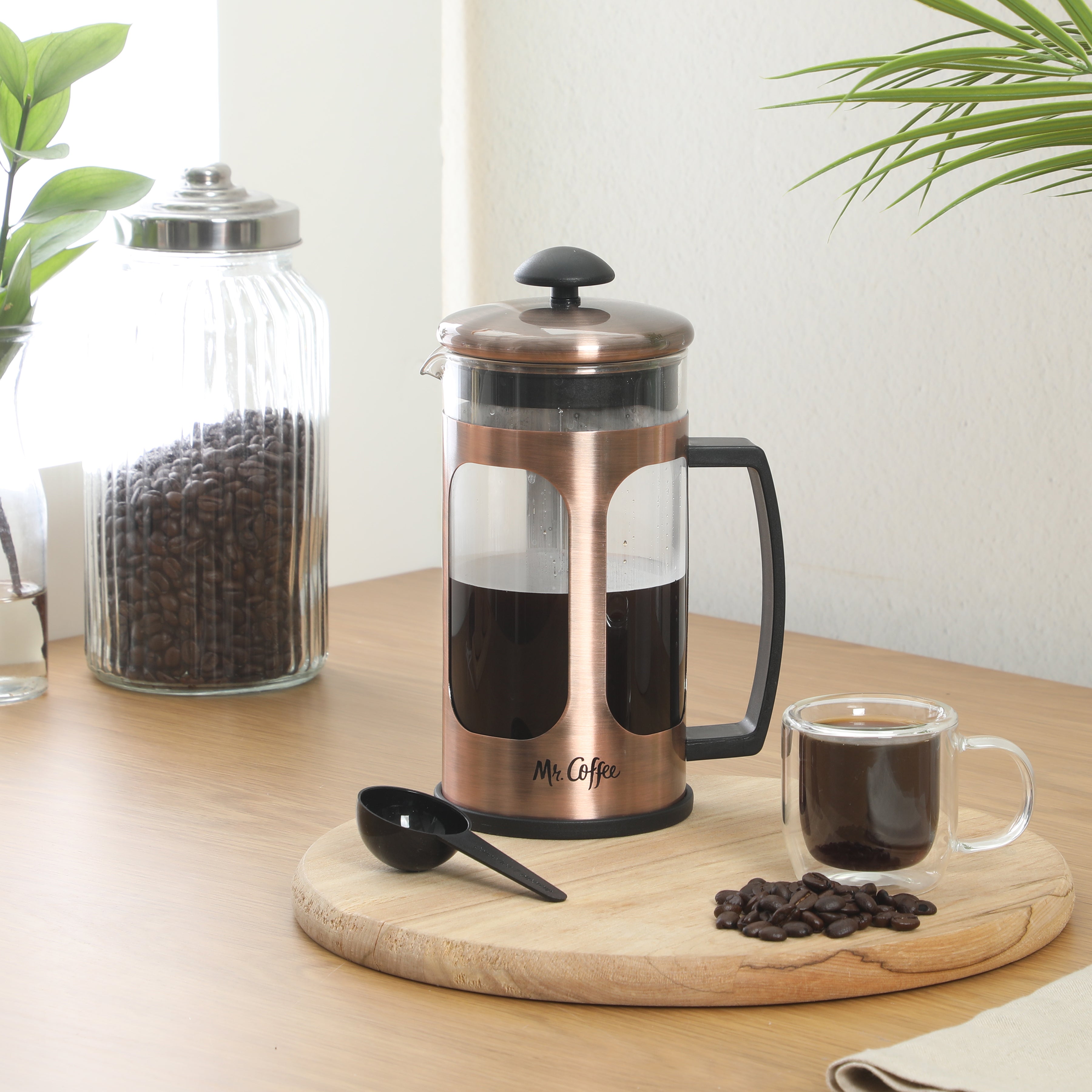 Mr. Coffee Daily Brew French Press Coffee Maker, 30 oz Glass Carafe with High Heat Resistant Durable Borasilicate Glass & Metal Frame and Plunger, Includes Coffee Scoop