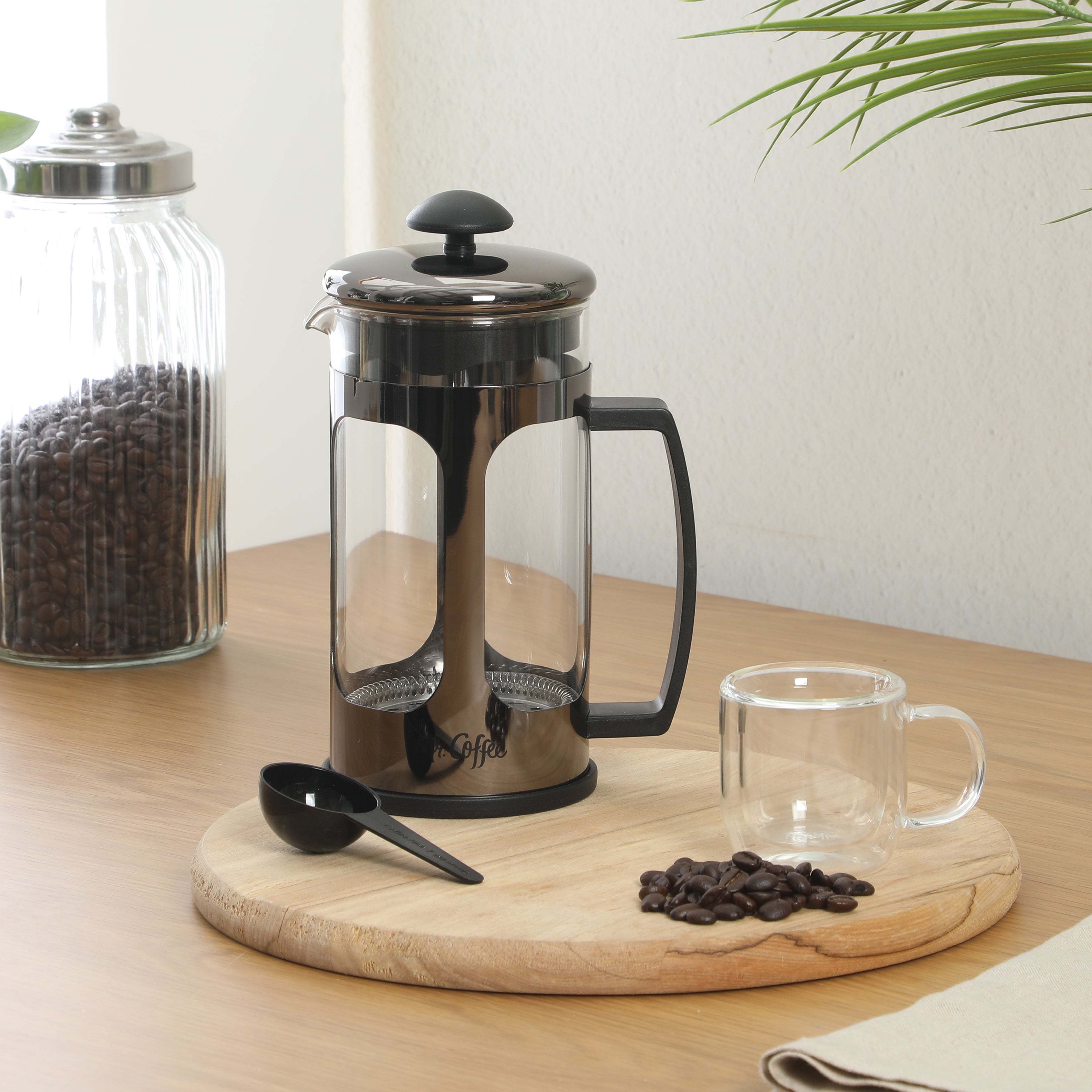 Mr. Coffee Daily Brew French Press Coffee Maker, 30 oz Glass Carafe with High Heat Resistant Durable Borasilicate Glass & Metal Frame and Plunger, Includes Coffee Scoop