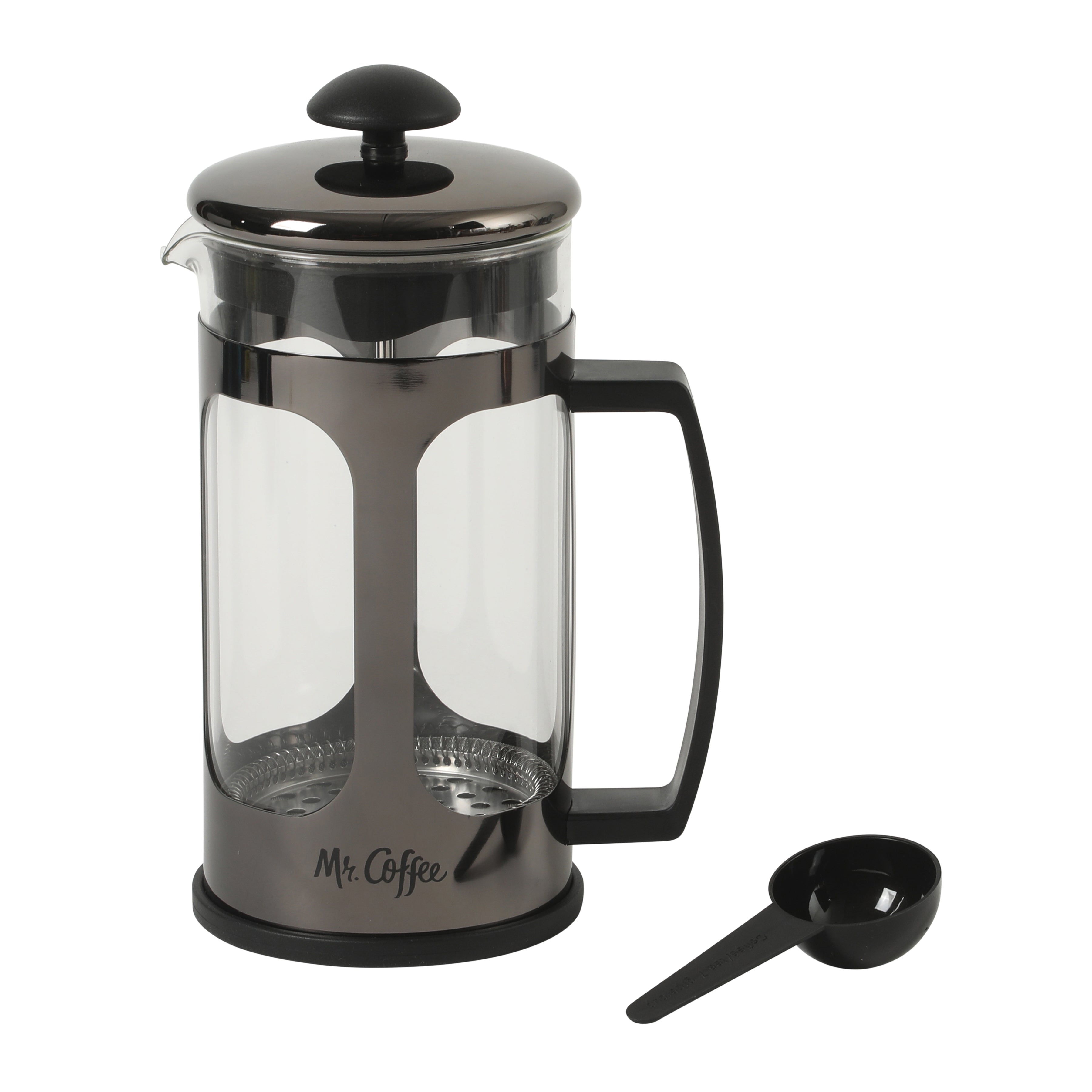 Mr. Coffee Daily Brew French Press Coffee Maker, 30 oz Glass Carafe with High Heat Resistant Durable Borasilicate Glass & Metal Frame and Plunger, Includes Coffee Scoop