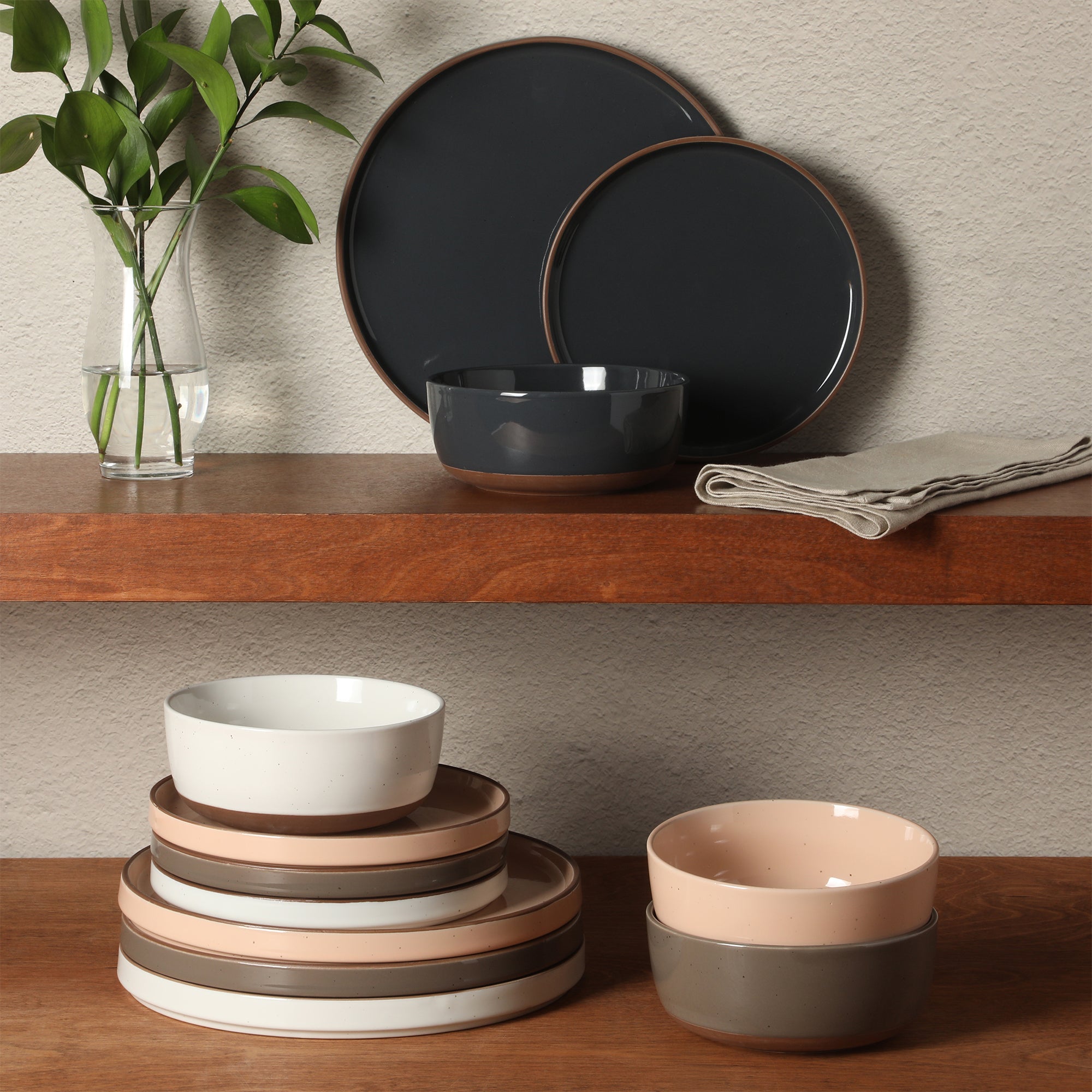 Gibson Elite Northrock Stoneware Dinnerware Set, 16-Piece Service for 4 Plates and Bowls Set – Dishes with Hand-Painted Terracotta Base