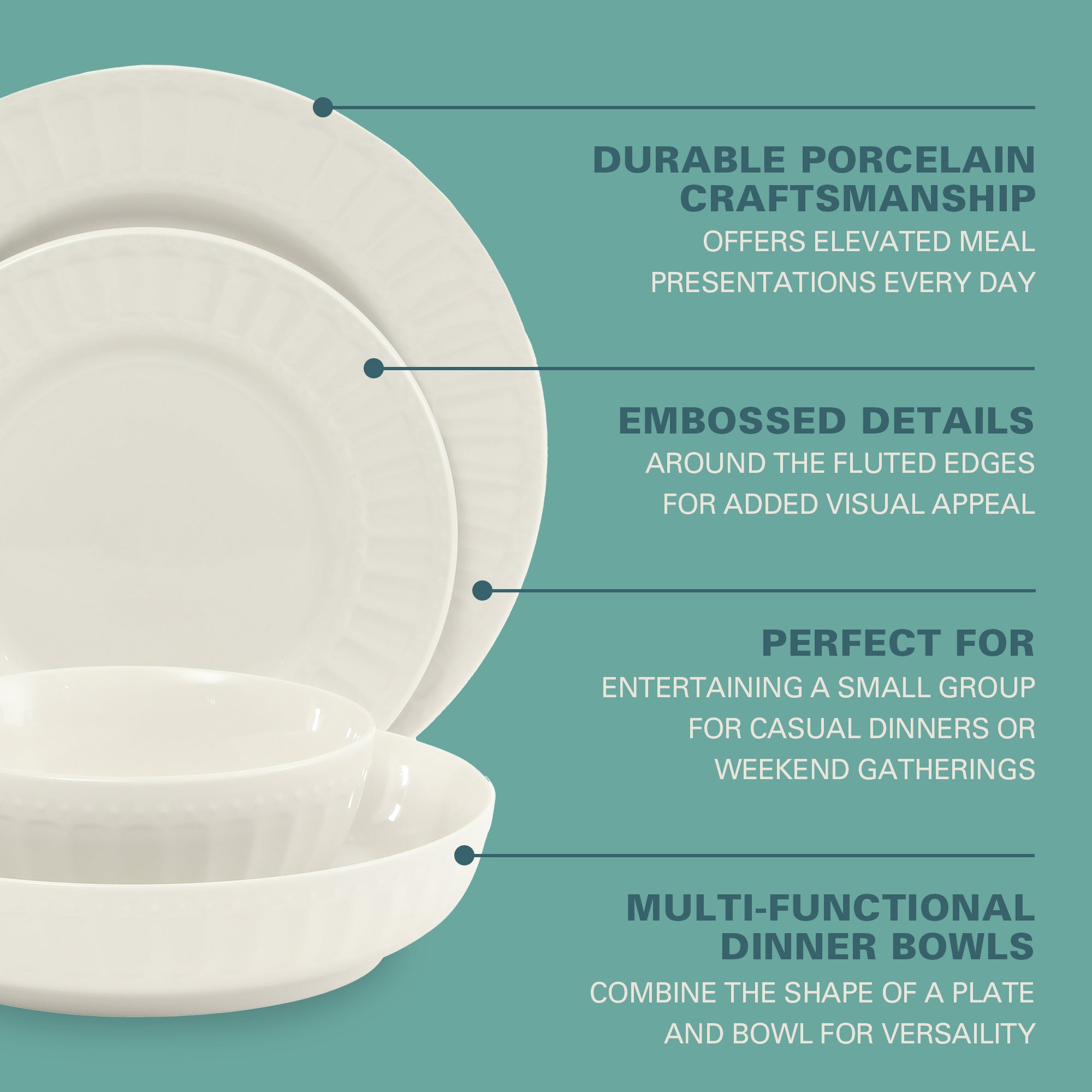 Gibson Home Melbourne White Plates and Bowls Set, 16 Piece Embossed Ceramic Dinnerware Set - Service for 4 Dishes - With Pasta Bowl