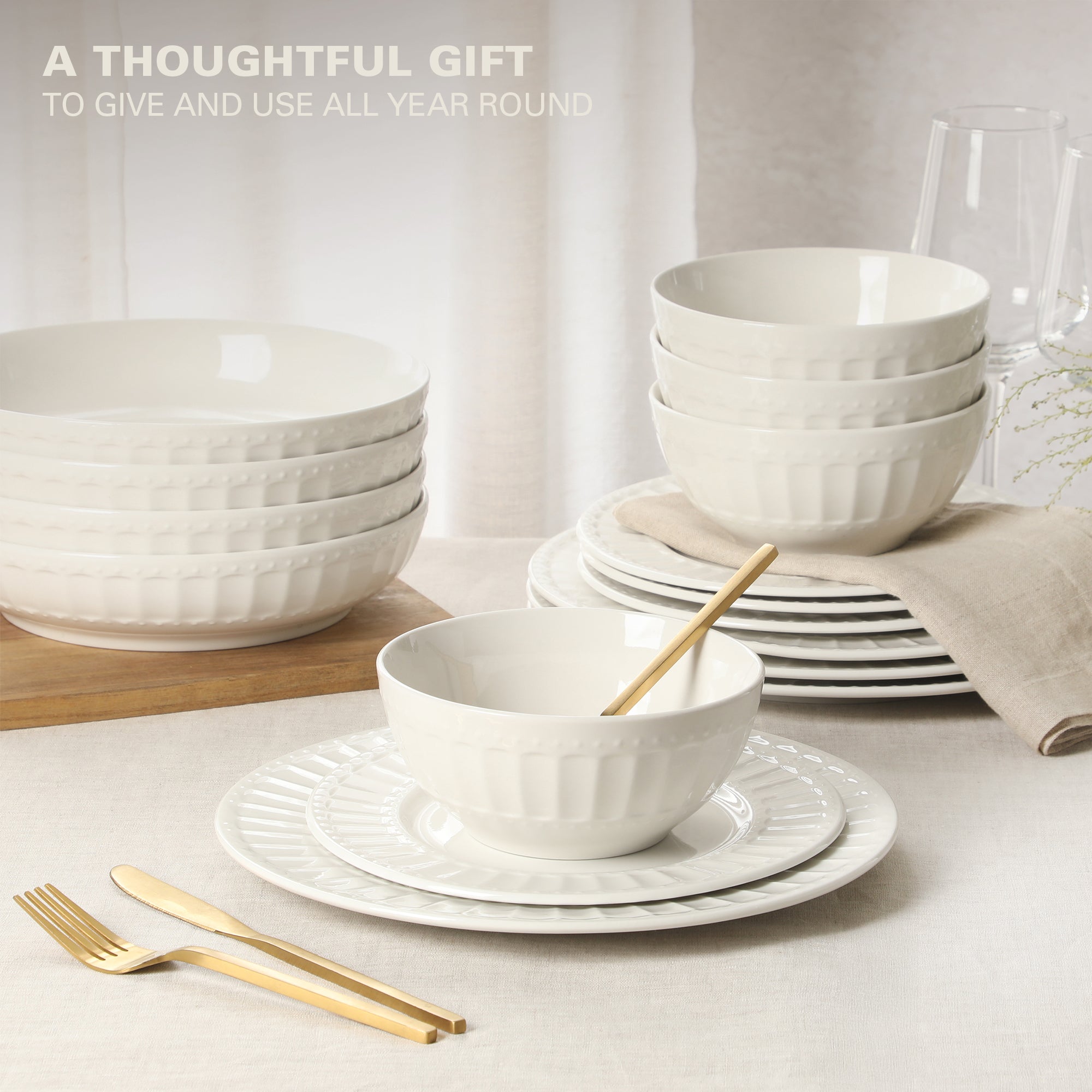 Gibson Home Melbourne White Plates and Bowls Set, 16 Piece Embossed Ceramic Dinnerware Set - Service for 4 Dishes - With Pasta Bowl