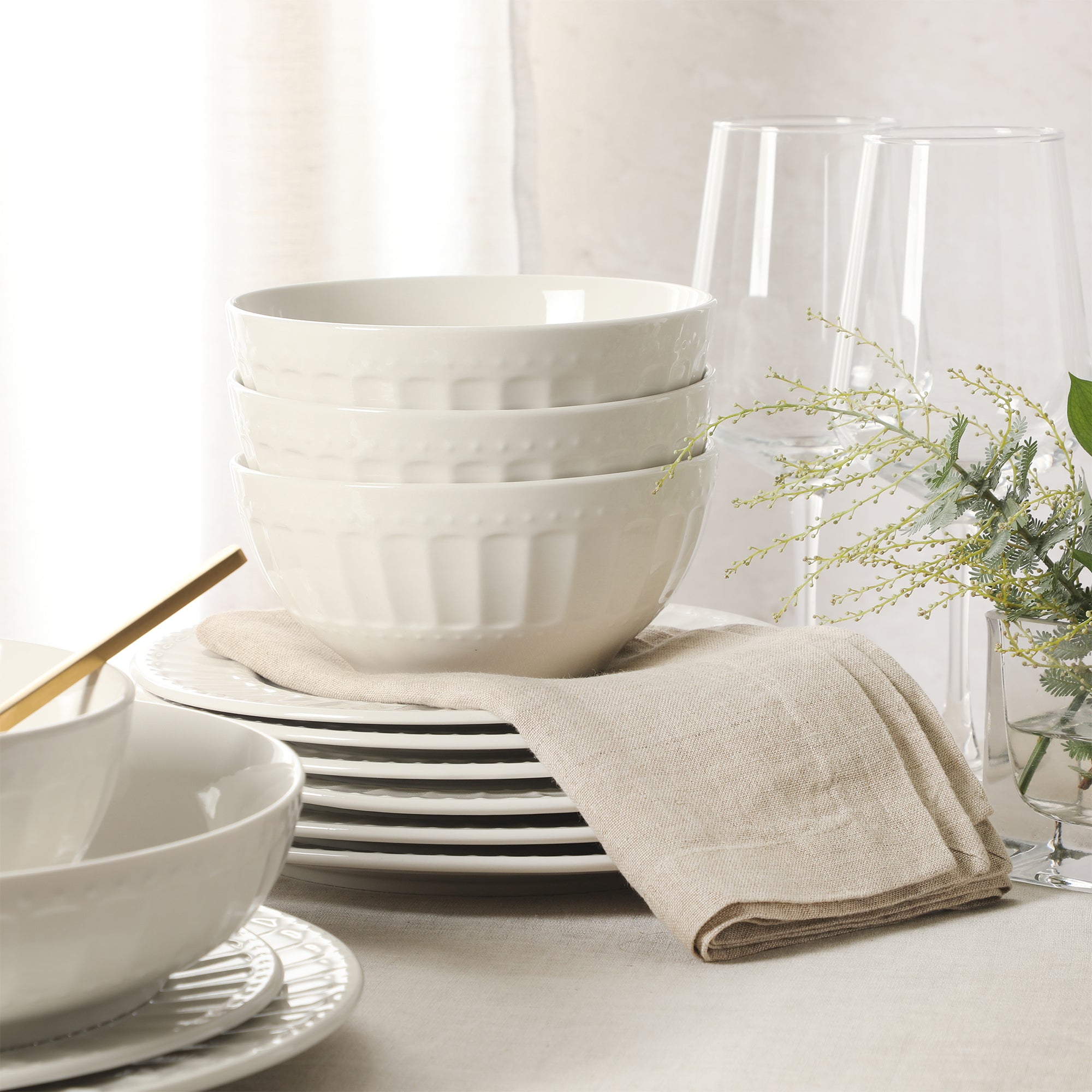 Gibson Home Melbourne White Plates and Bowls Set, 16 Piece Embossed Ceramic Dinnerware Set - Service for 4 Dishes - With Pasta Bowl