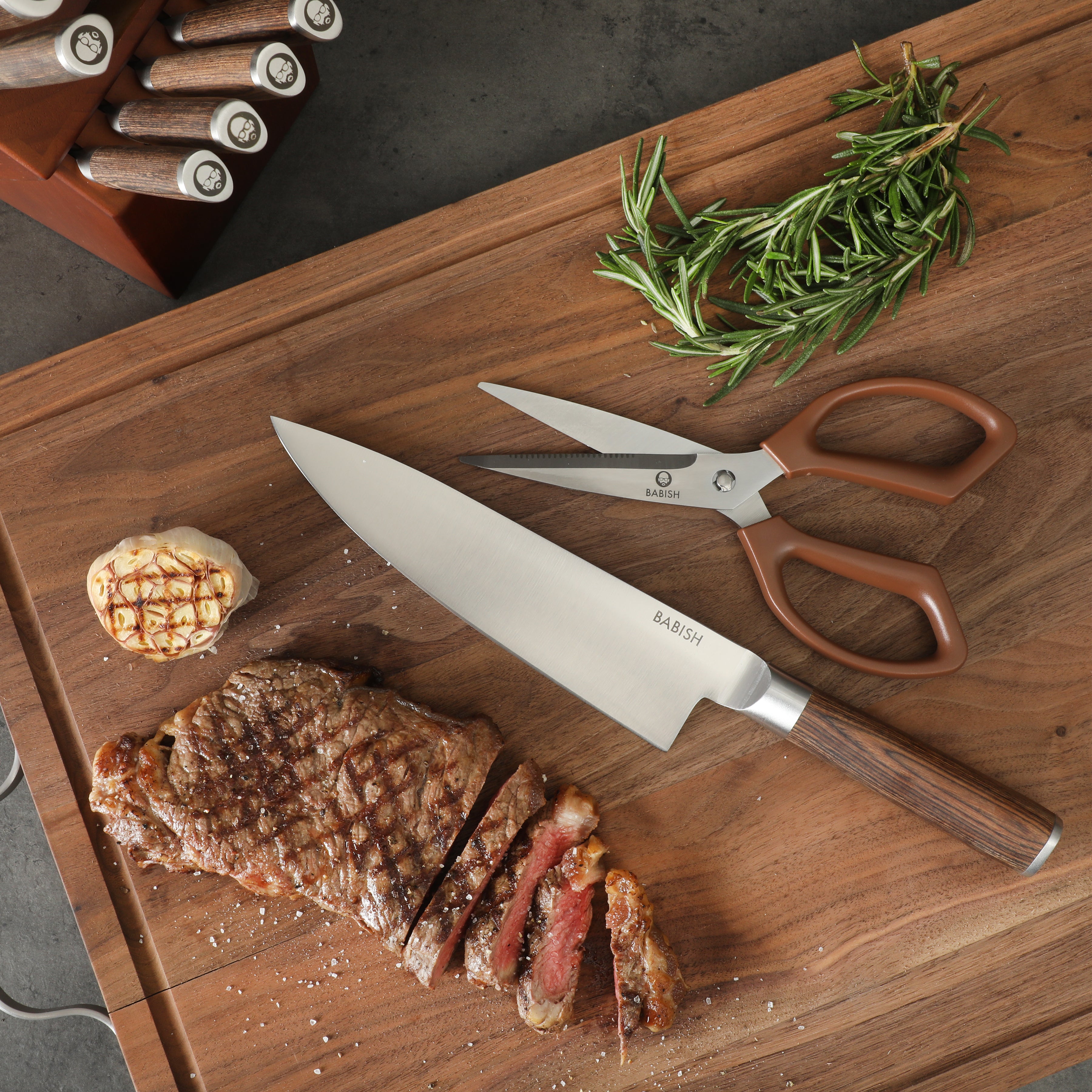 Babish High-Carbon 1.4116 German Steel 15 Piece Full Tang Forged Cutlery Kitchen Knife Block Set - Light/Dark Pakka Wood Handle