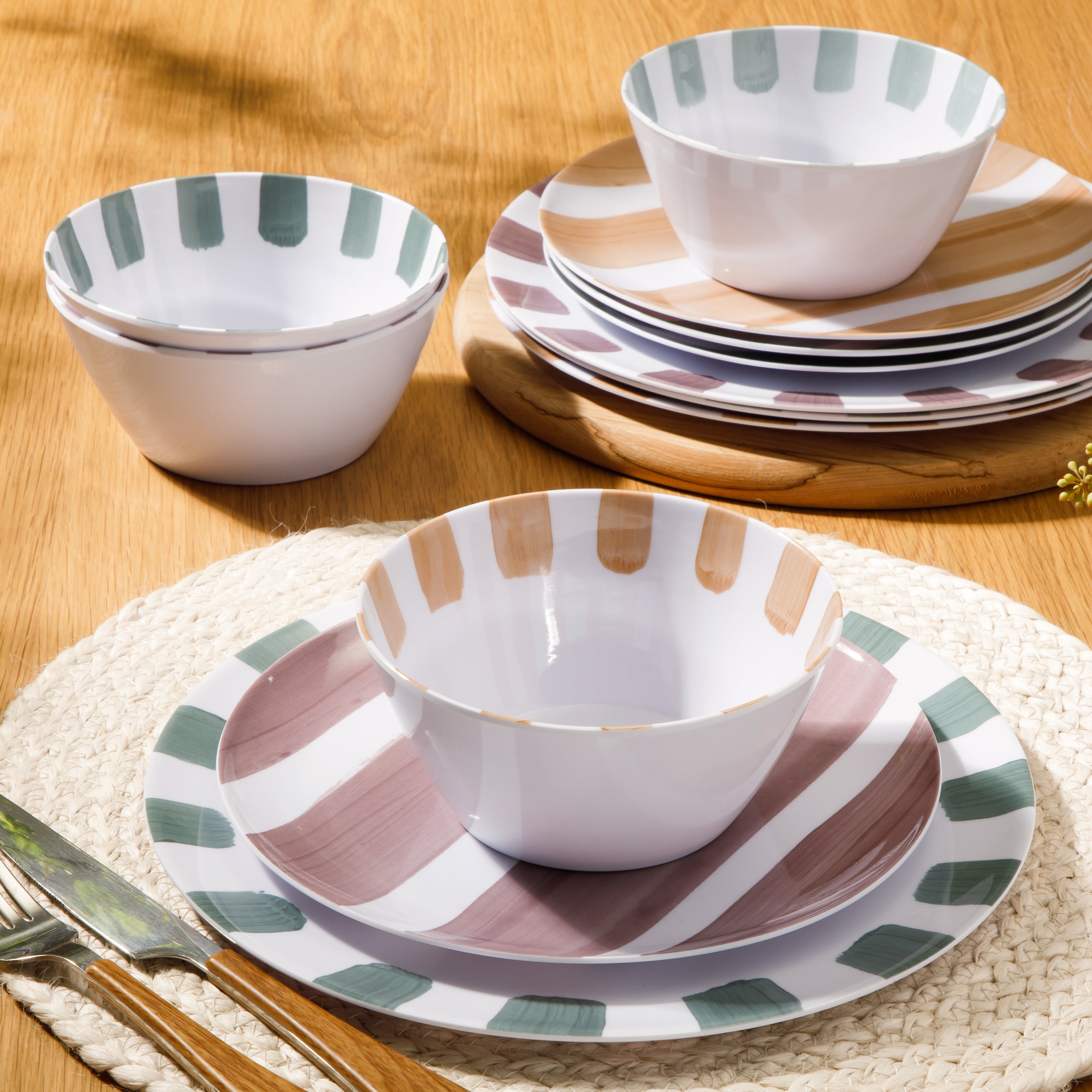 Gibson Home Cottage Stripes 12 Piece Unbreakable Melamine Plates and Bowls Dinnerware Set - Outdoor, Camping, & Everyday Use - Assorted Colors