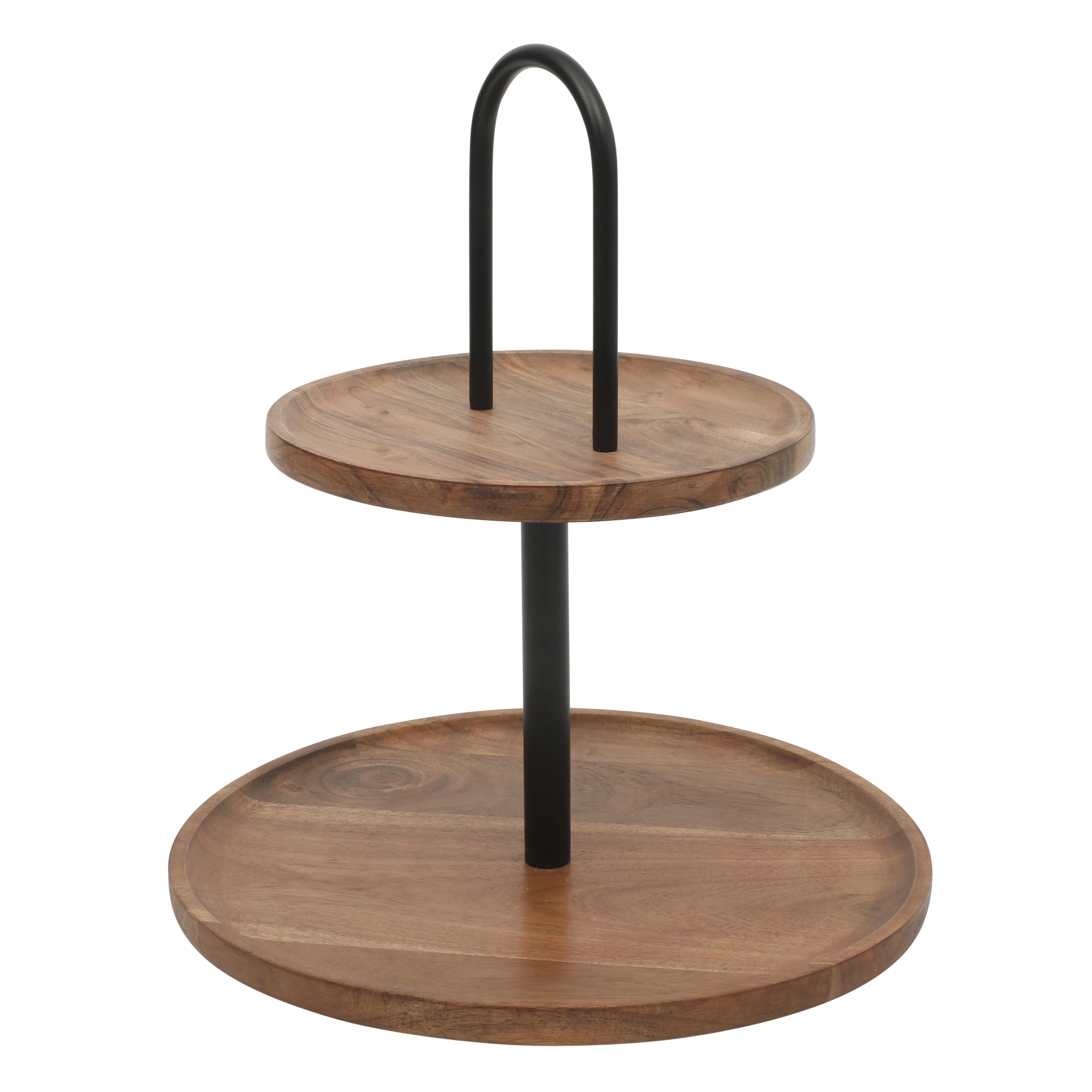 Gibson Home Gracious Dining 2-Tier Round Acacia Wood Serving Tray – Rustic Charcuterie Board Stand with Black Iron Handle – Tiered Party Platter, Dessert Display or Lazy Susan for Entertaining