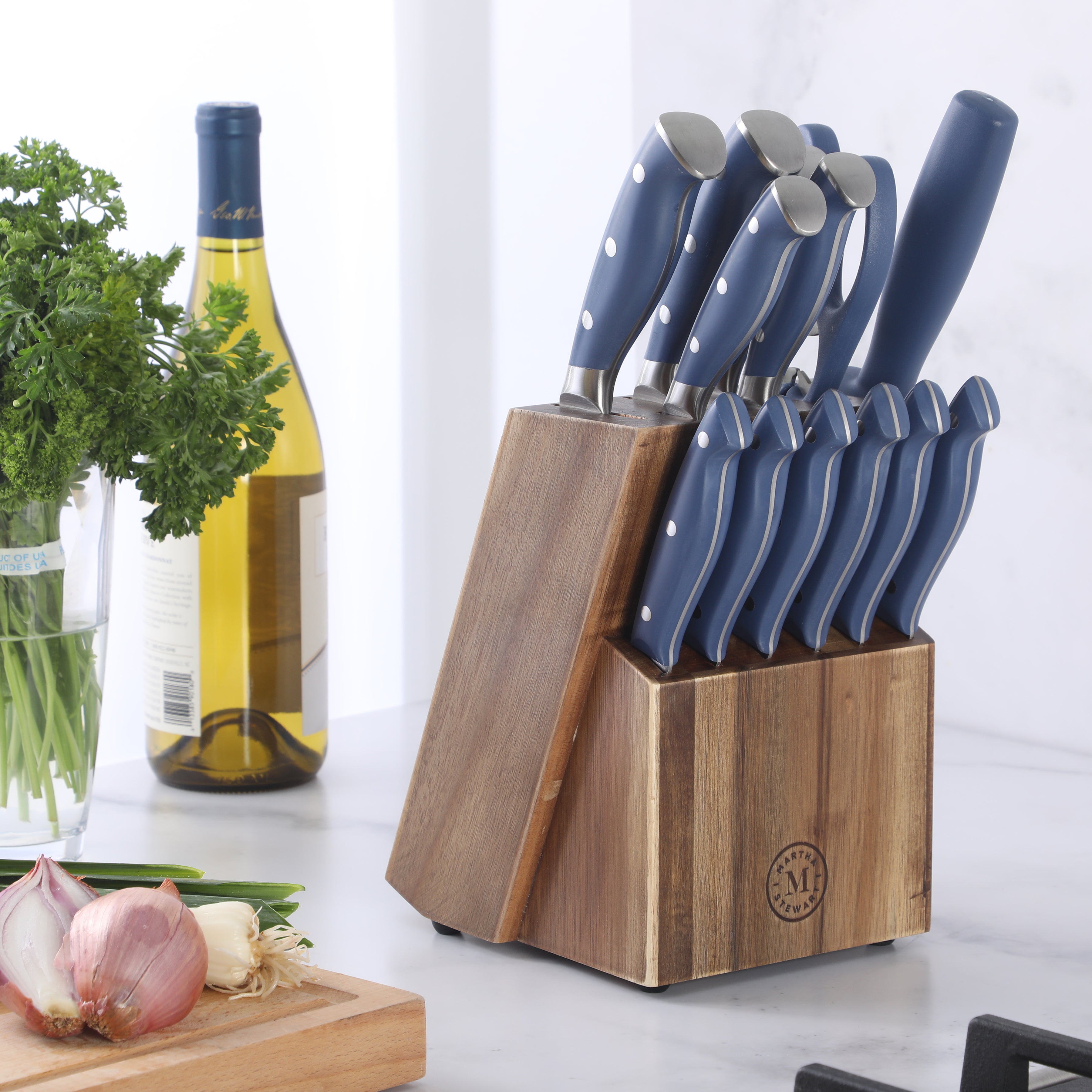 Martha Stewart Greeley Forged High Carbon Stainless Steel 14 Piece Knife Block Set, Kitchen Knife Set with Acacia Wood Block, Chef Knife