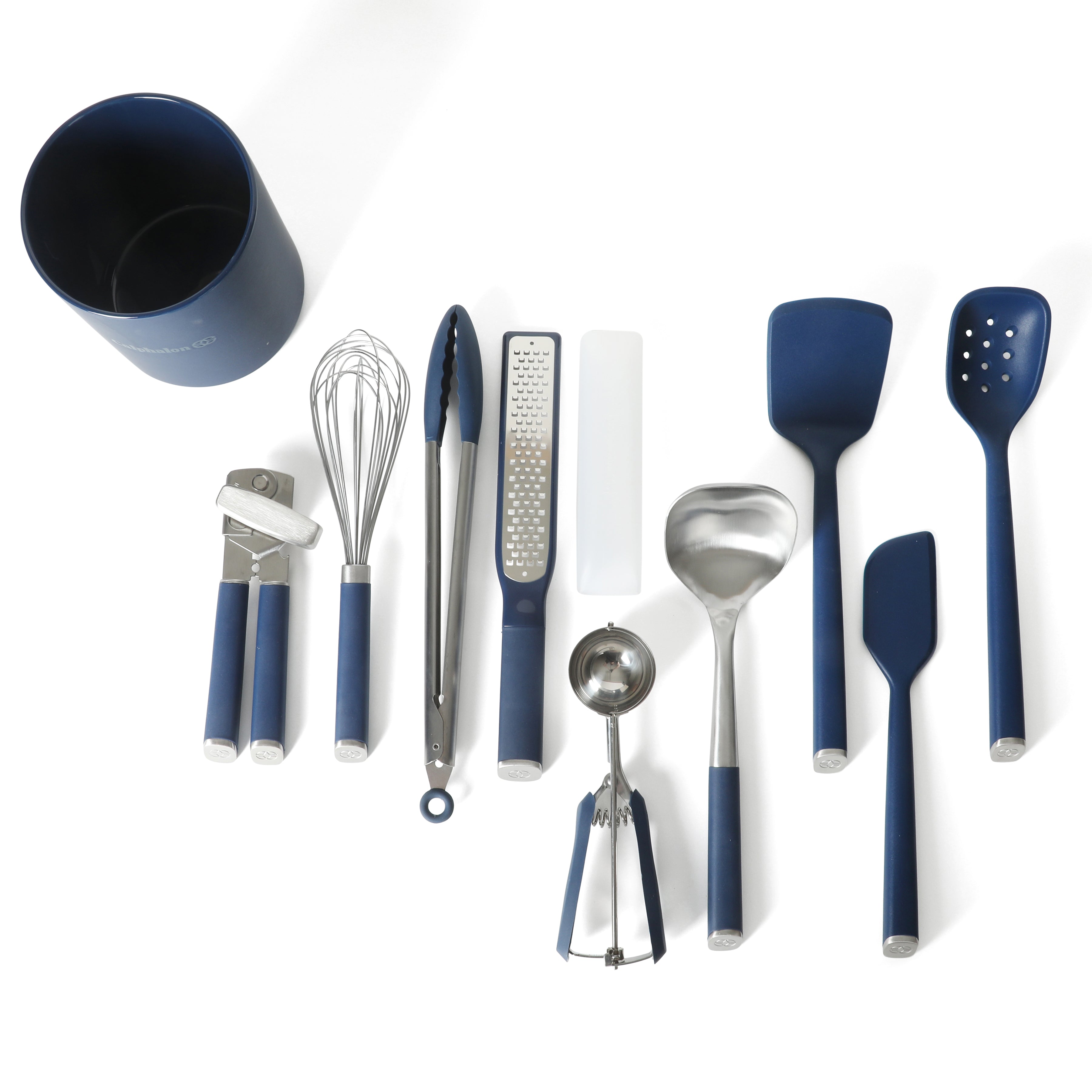 Calphalon Edge Kitchen Utensil and Gadget Set with Crock, 10-Piece Cooking Utensils, Navy, Stainless Steel and Silicone Tools and Gadget Set - Blue