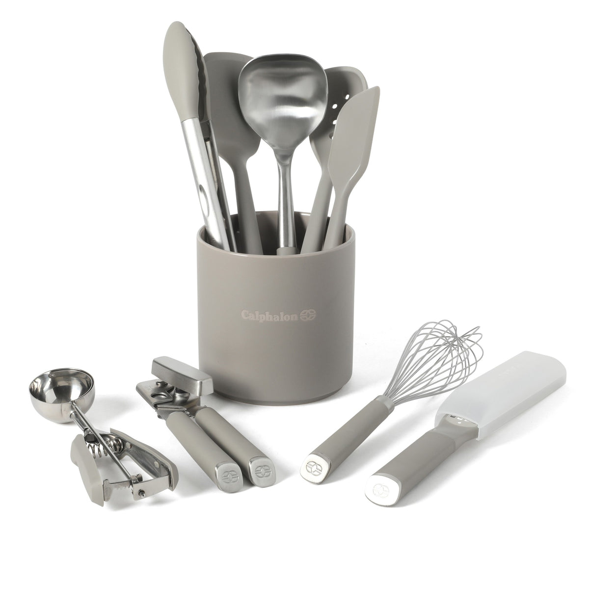 Calphalon Edge Kitchen Utensil and Gadget Set with Crock, 10-Piece Cooking Utensils, Navy, Stainless Steel and Silicone Tools and Gadget Set - Taupe