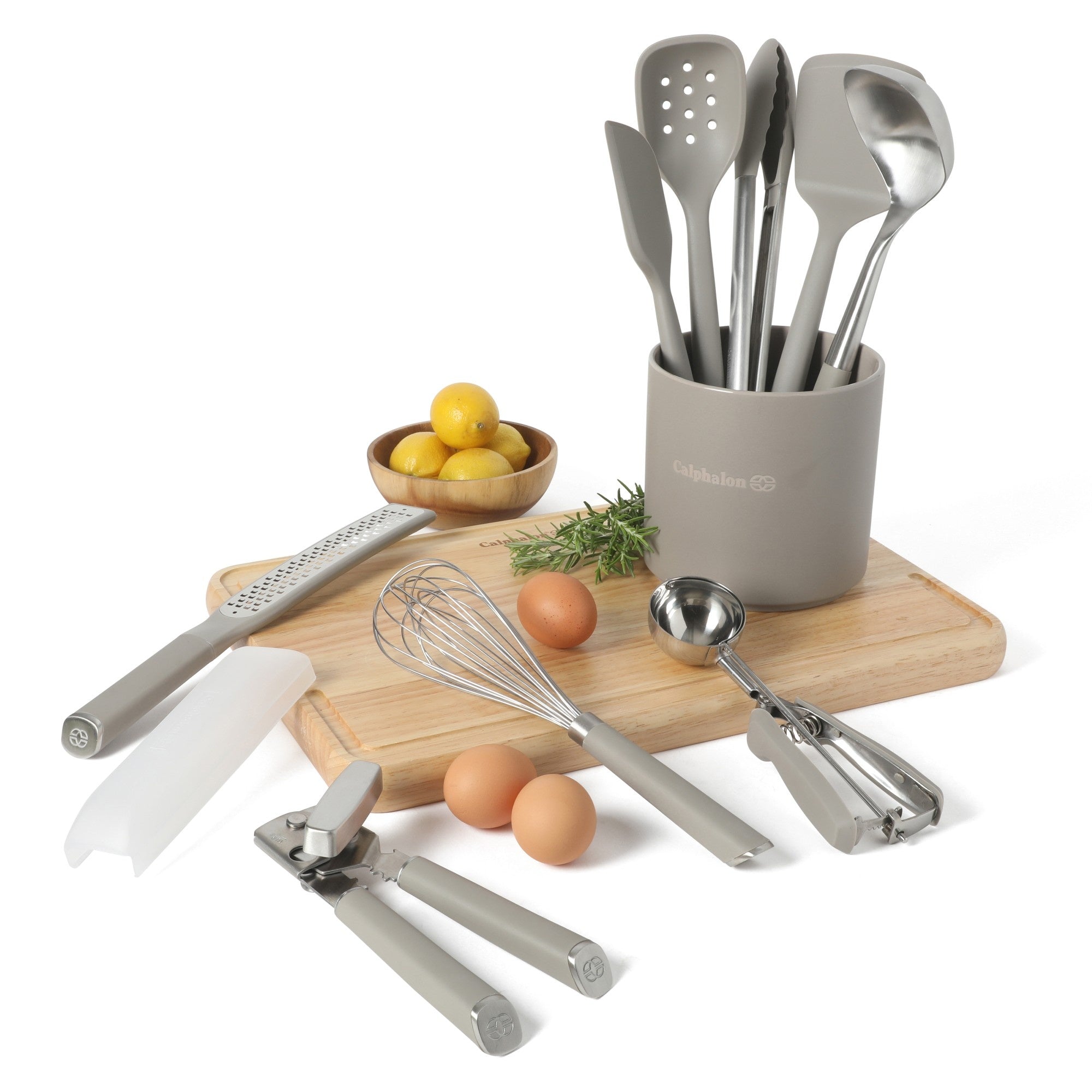 Calphalon Edge Kitchen Utensil and Gadget Set with Crock, 10-Piece Cooking Utensils, Navy, Stainless Steel and Silicone Tools and Gadget Set - Taupe