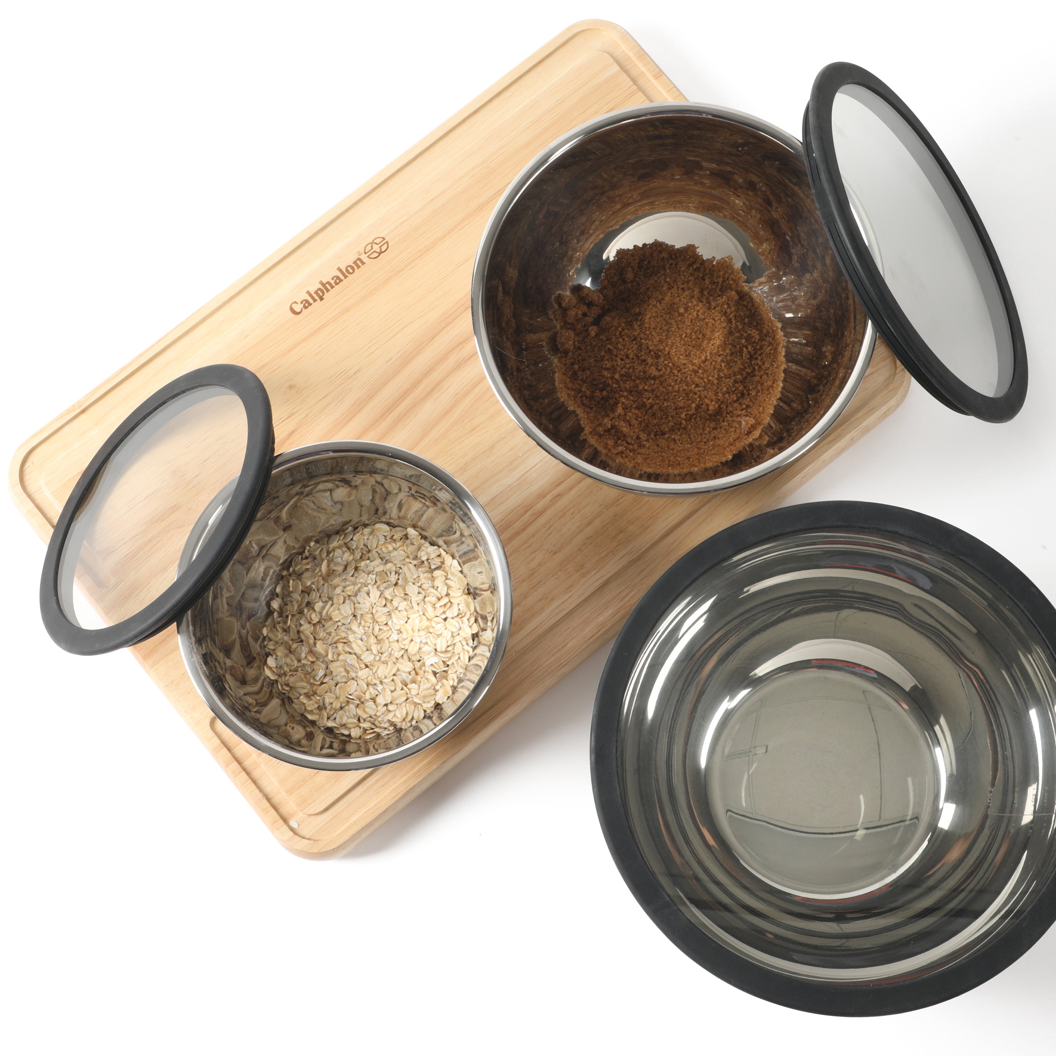 Calphalon Orbit 3 Piece Mixing Bowl Set W/ Glass Lids and Sillicone Nonslip Base