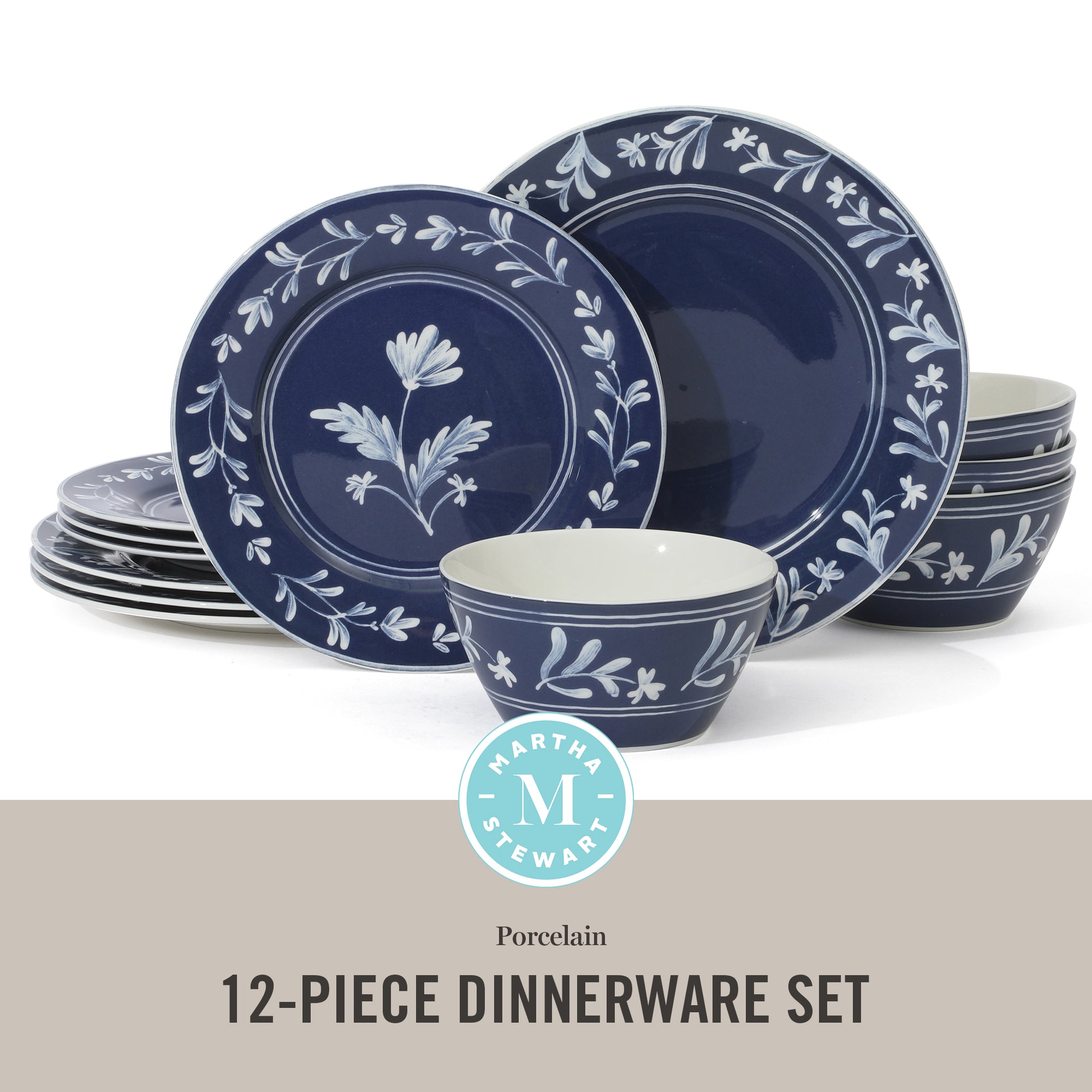 Martha Stewart Maiden Crown 12-Piece Dinnerware Set – Vegan Bone China Ceramic Plates & Bowls – Floral Design – Service for 4 – Dishwasher & Microwave Safe