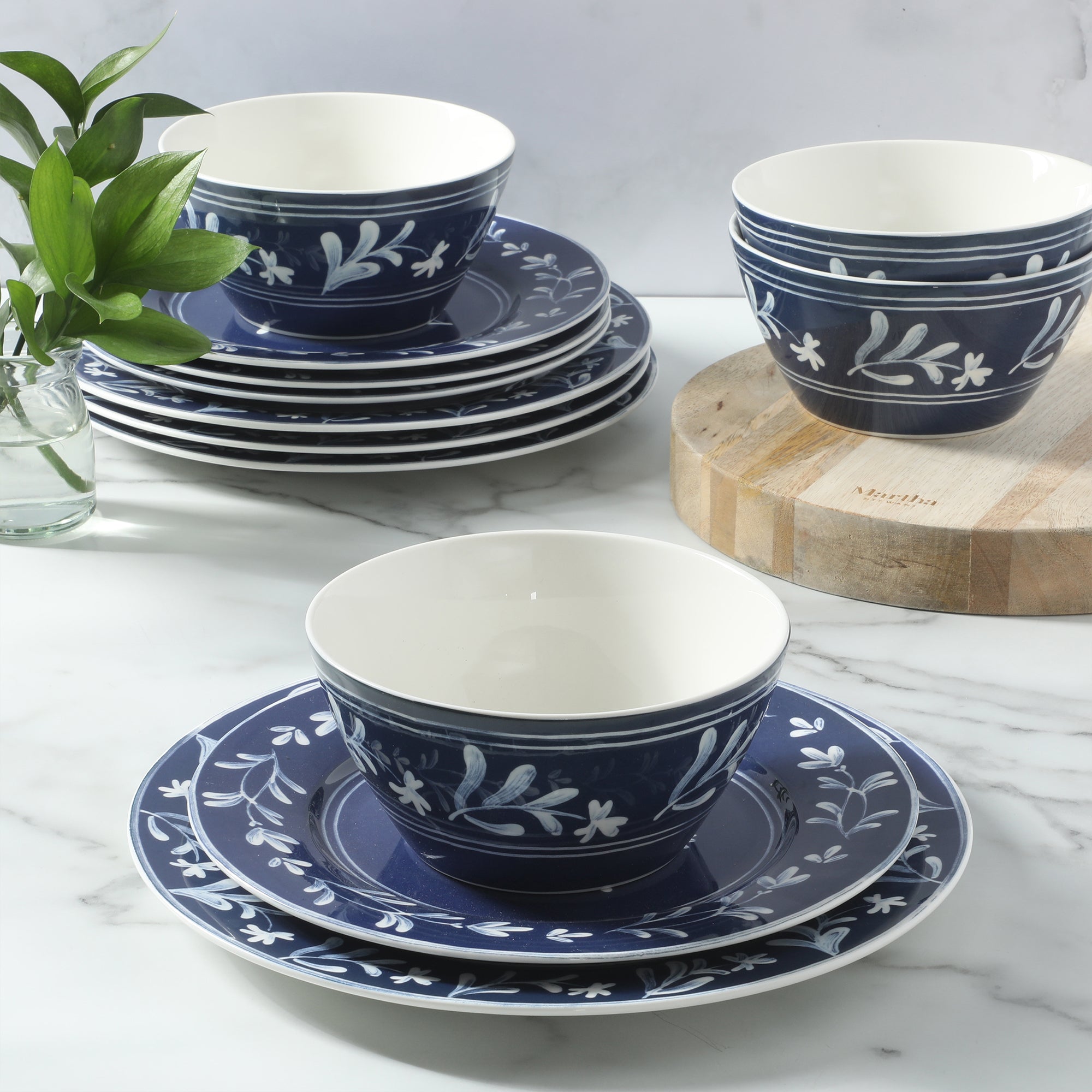 Martha Stewart Maiden Crown 12-Piece Dinnerware Set – Vegan Bone China Ceramic Plates & Bowls – Floral Design – Service for 4 – Dishwasher & Microwave Safe