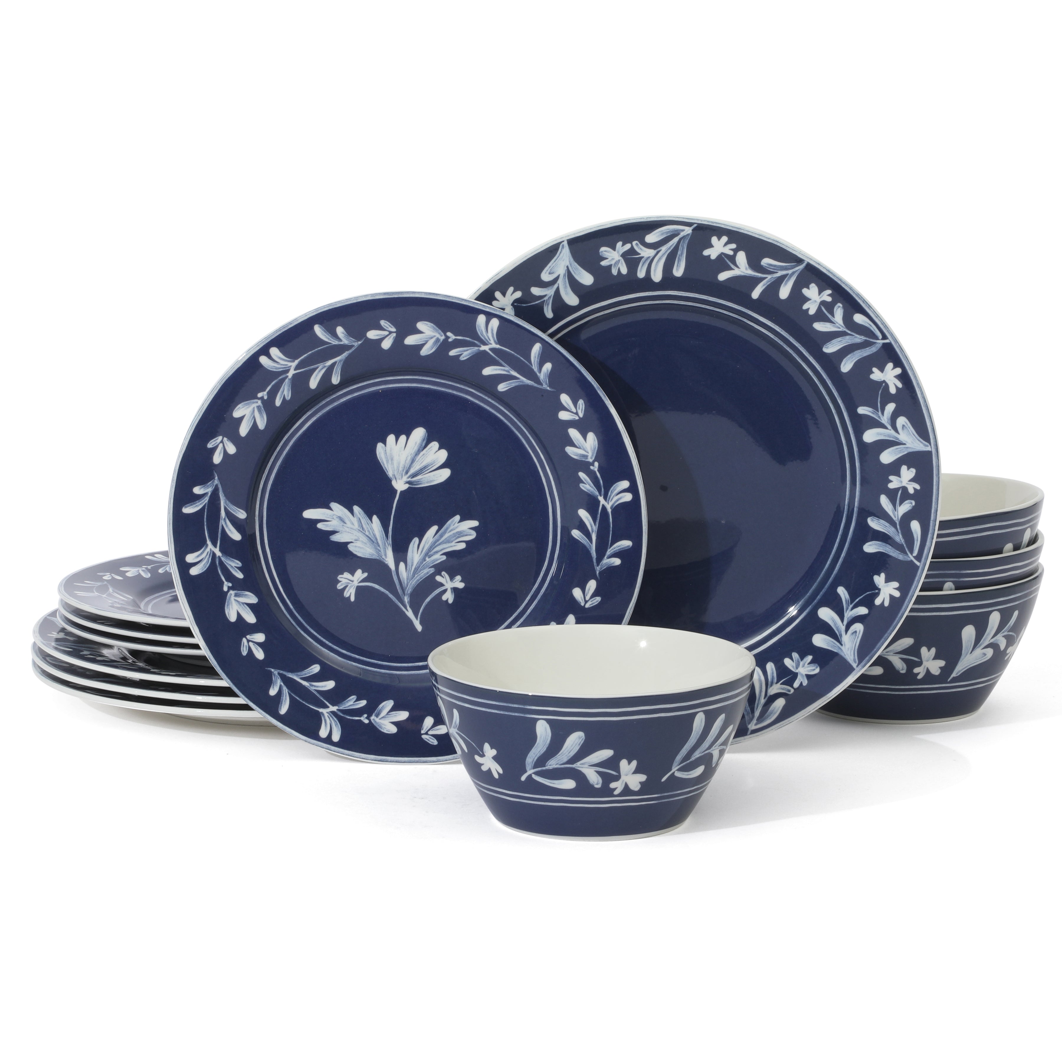 Martha Stewart Maiden Crown 12-Piece Dinnerware Set – Vegan Bone China Ceramic Plates & Bowls – Floral Design – Service for 4 – Dishwasher & Microwave Safe
