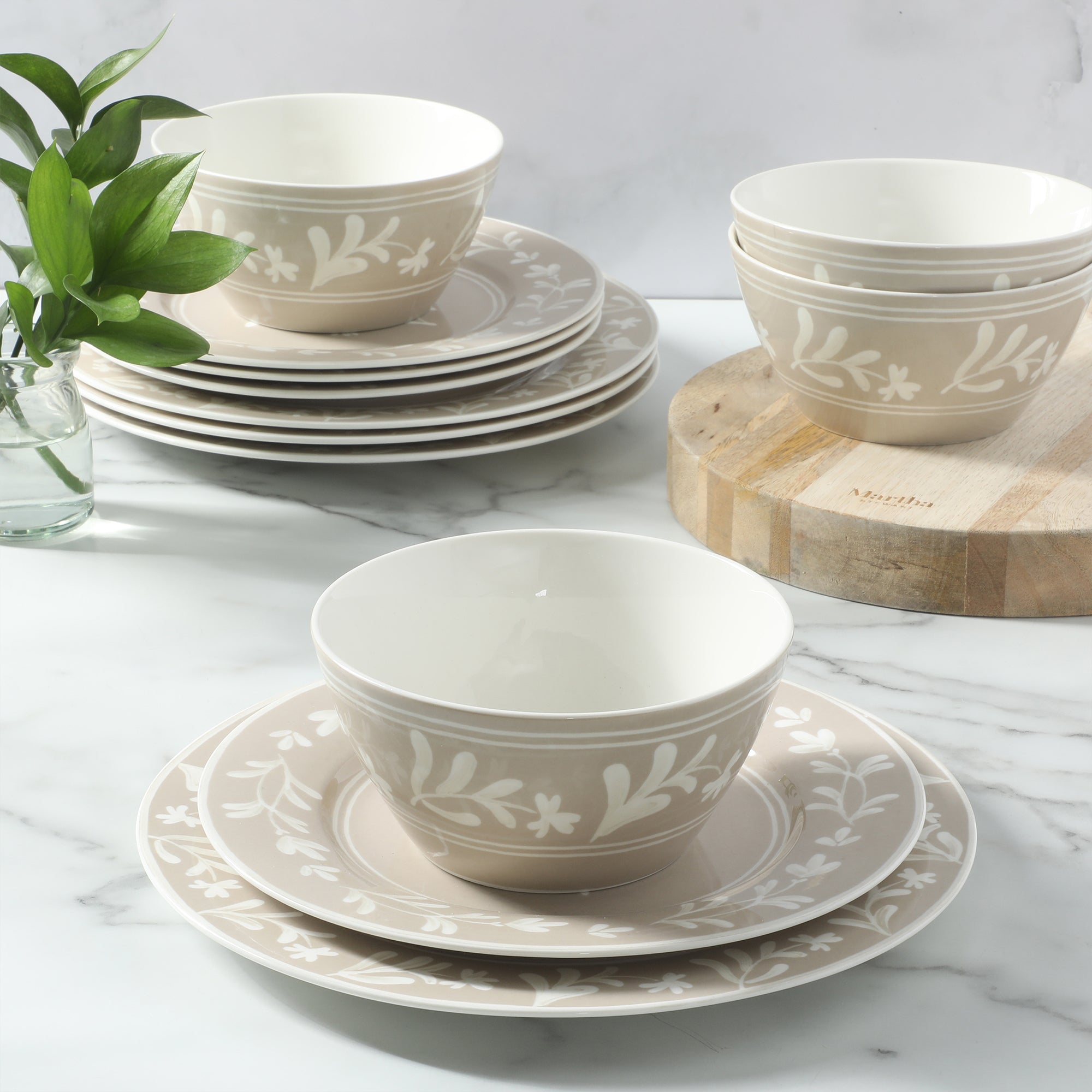 Martha Stewart Maiden Crown 12-Piece Dinnerware Set – Vegan Bone China Ceramic Plates & Bowls – Floral Design – Service for 4 – Dishwasher & Microwave Safe