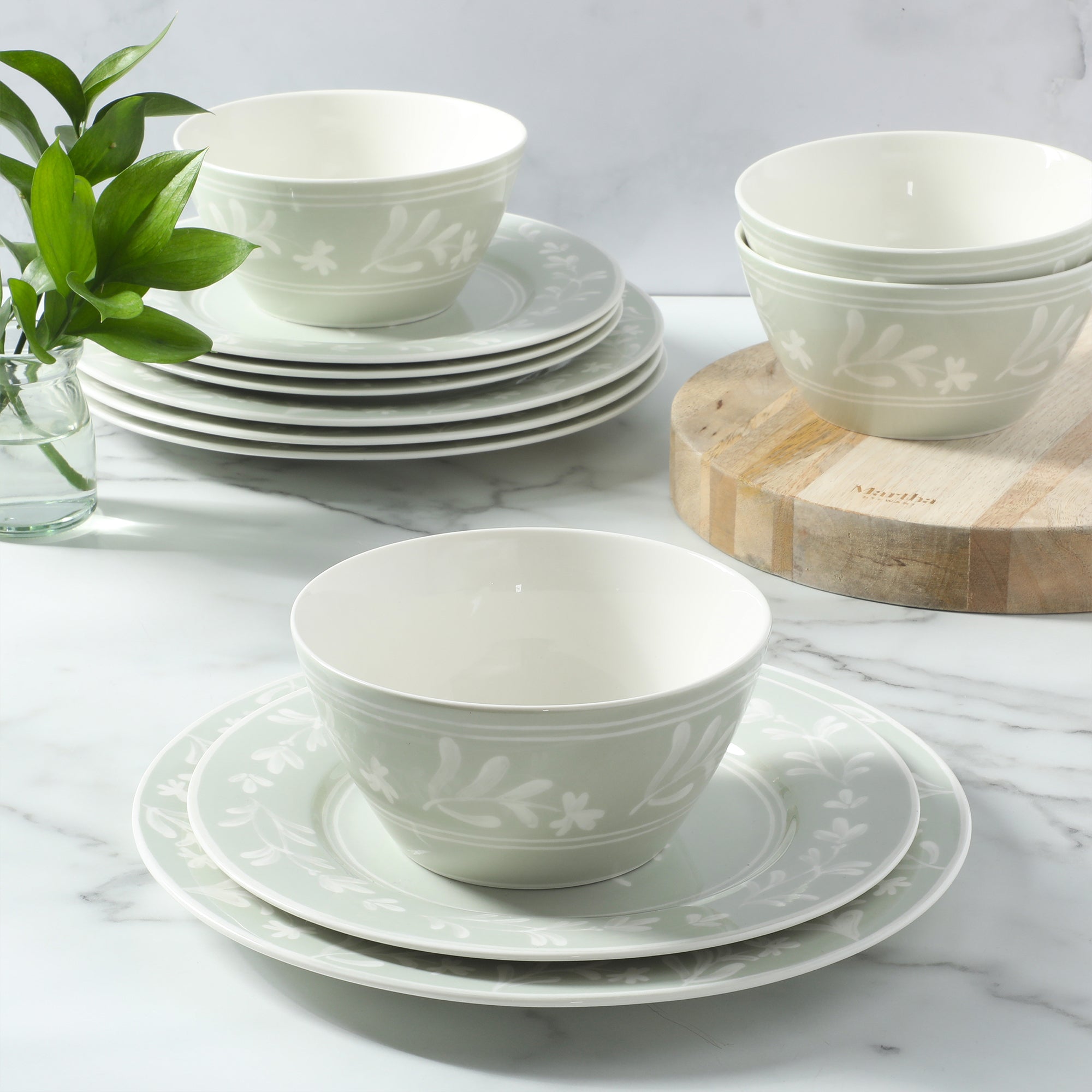 Martha Stewart Maiden Crown 12-Piece Dinnerware Set – Vegan Bone China Ceramic Plates & Bowls – Floral Design – Service for 4 – Dishwasher & Microwave Safe