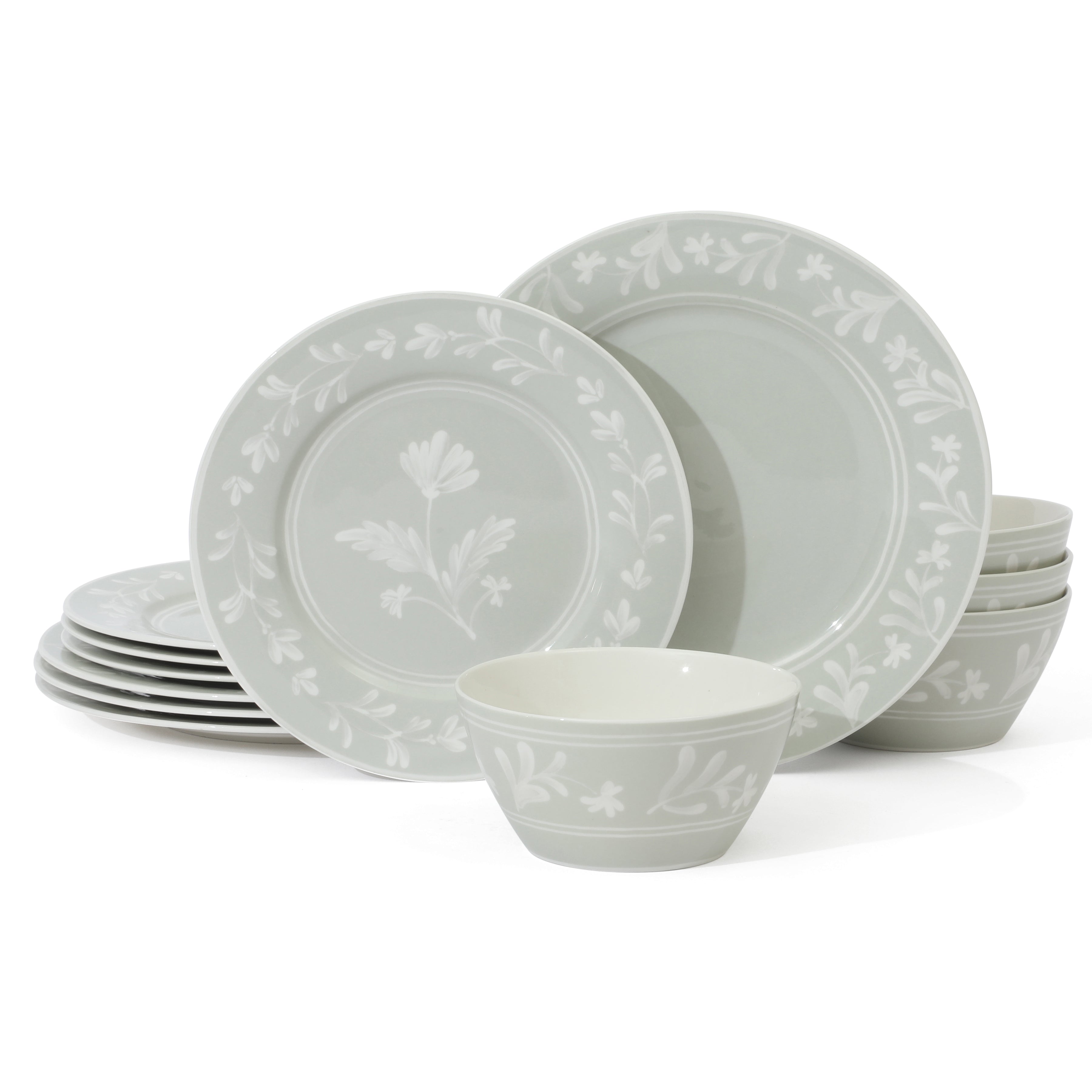 Martha Stewart Maiden Crown 12-Piece Dinnerware Set – Vegan Bone China Ceramic Plates & Bowls – Floral Design – Service for 4 – Dishwasher & Microwave Safe