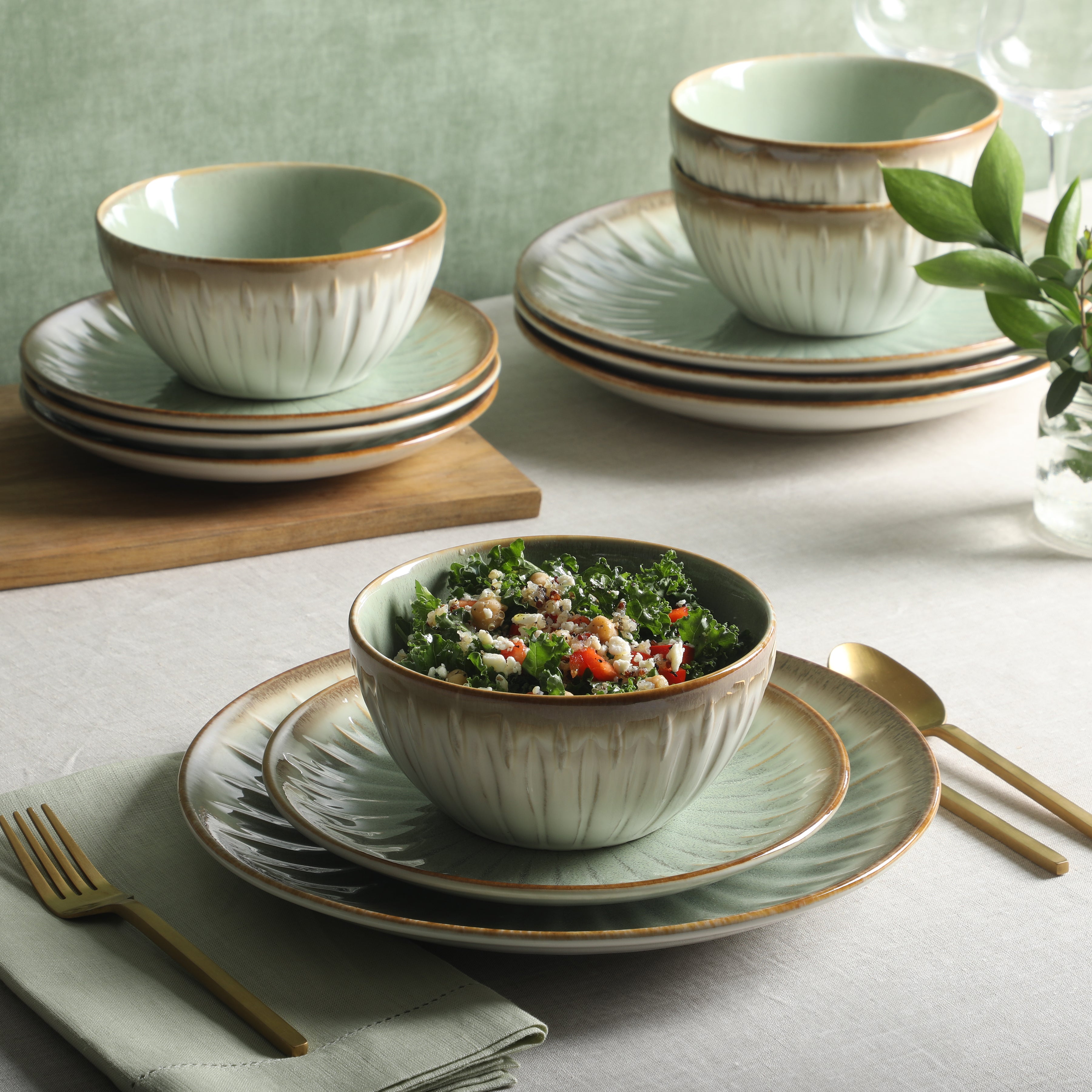 Gibson Elite Trescott Way 12 Piece Reactive Glaze Plates and Bowls Stoneware Dinnerware Set