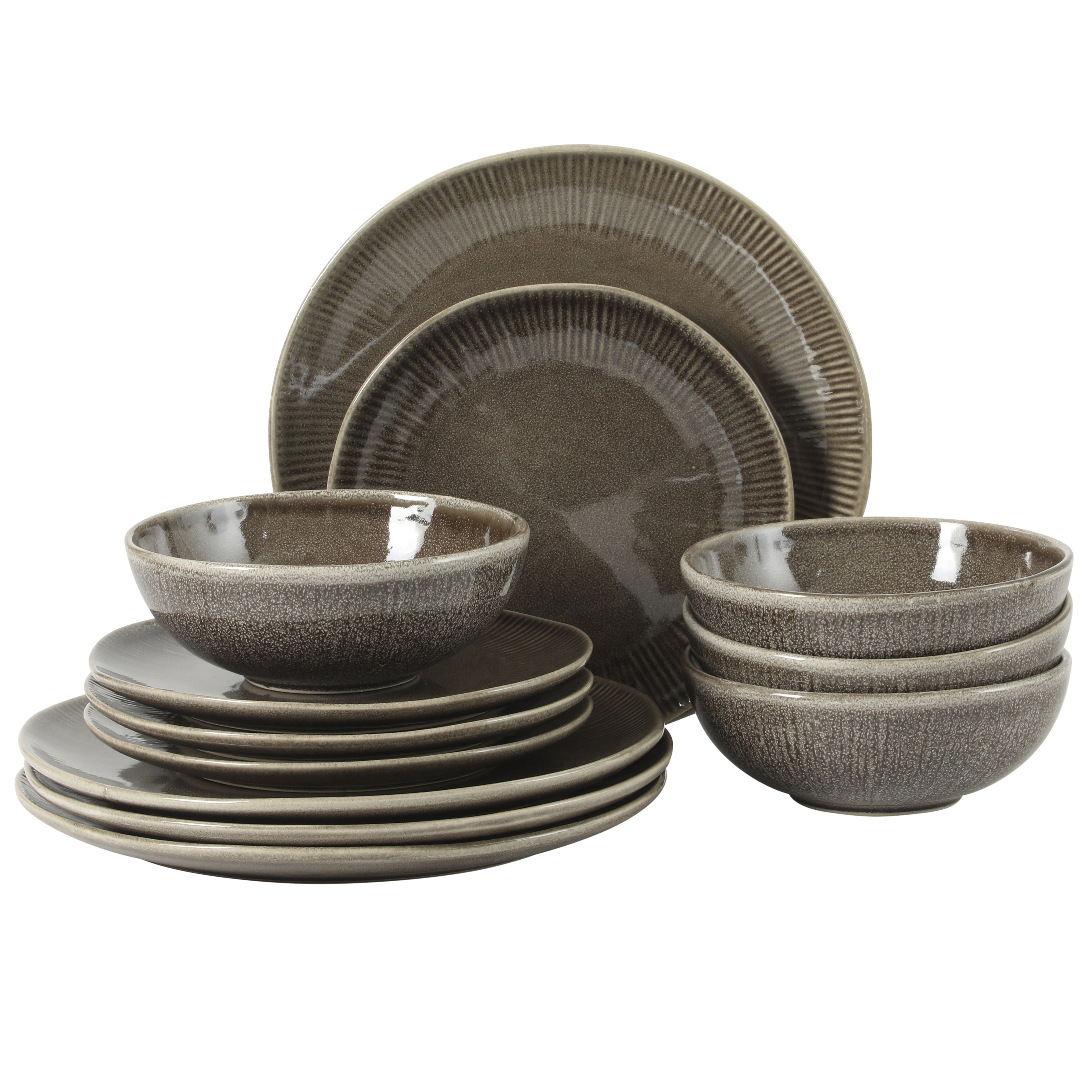 Gibson Elite Sandy Pines Stoneware Plates and Bowls Set - 12 Piece Reactive Glaze Dinnerware Set - Service for 4 - Dishwasher and Microwave Safe