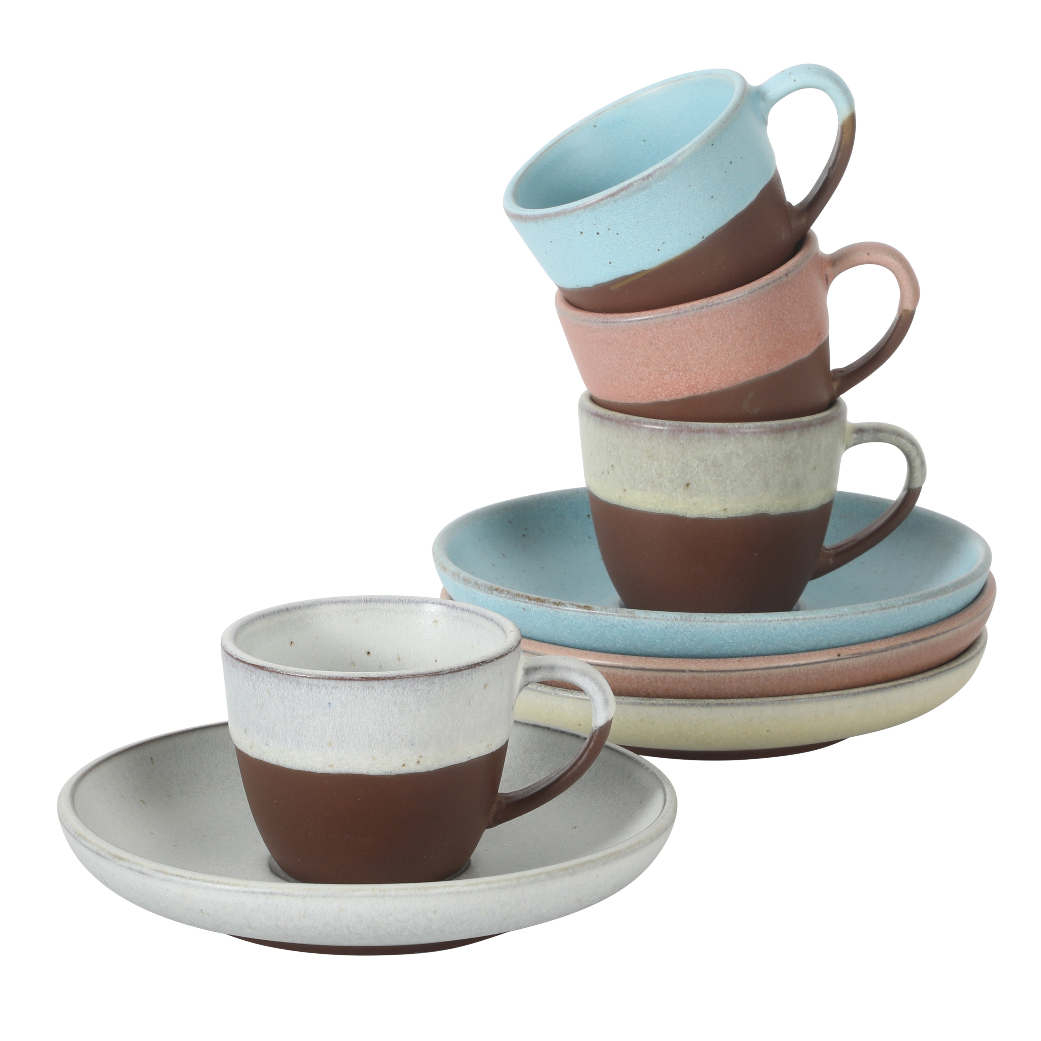 Gibson Elite William Crest 8 Piece Cup & Saucer Set, 4 Stoneware Cups & 4 Saucers, Reactive Glaze Finish, 3.5oz Espresso Cups, 5.5” Saucers, Round Coffee Set, Microwave & Dishwasher Safe