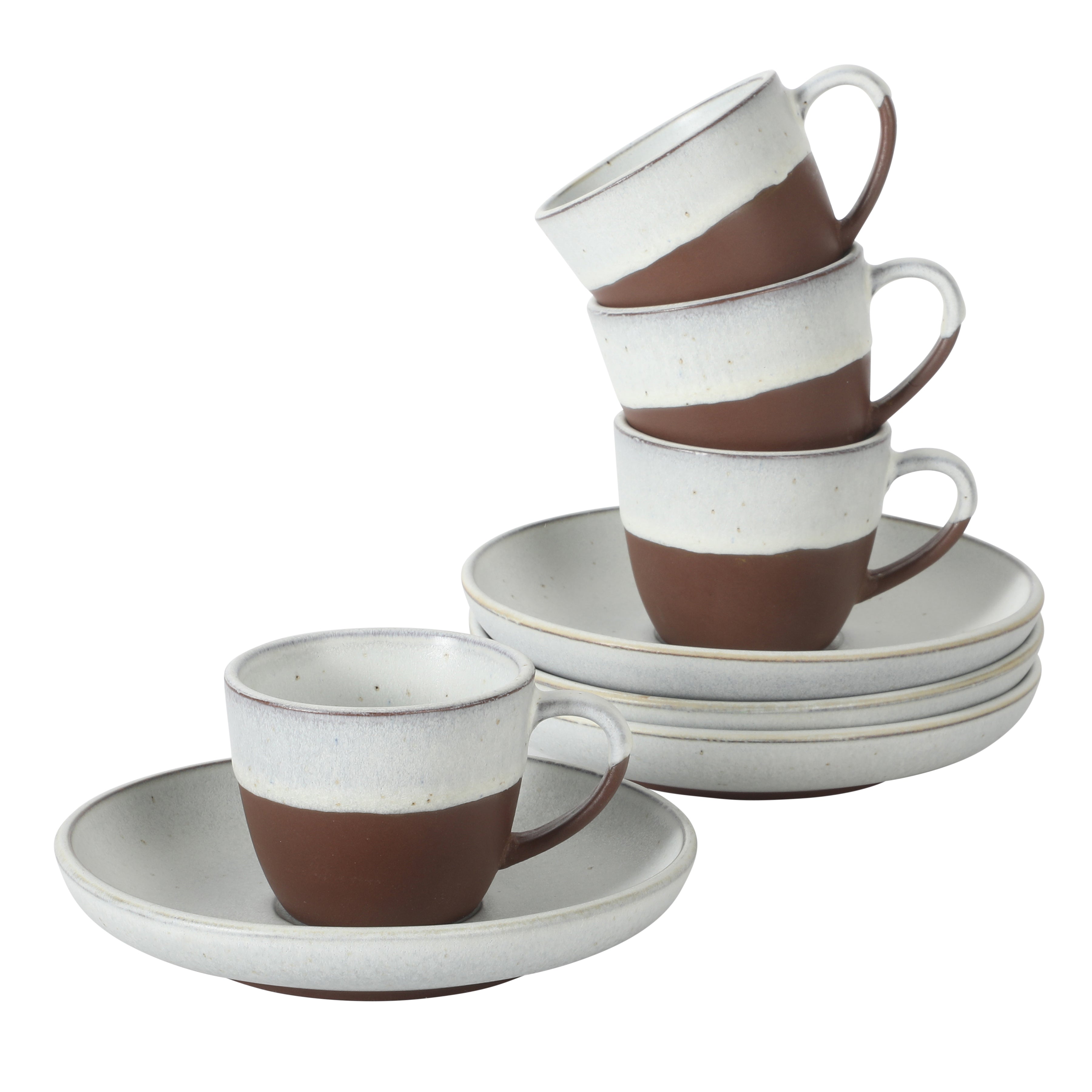 Gibson Elite William Crest 8 Piece Cup & Saucer Set, 4 Stoneware Cups & 4 Saucers, Reactive Glaze Finish, 3.5oz Espresso Cups, 5.5” Saucers, Round Coffee Set, Microwave & Dishwasher Safe