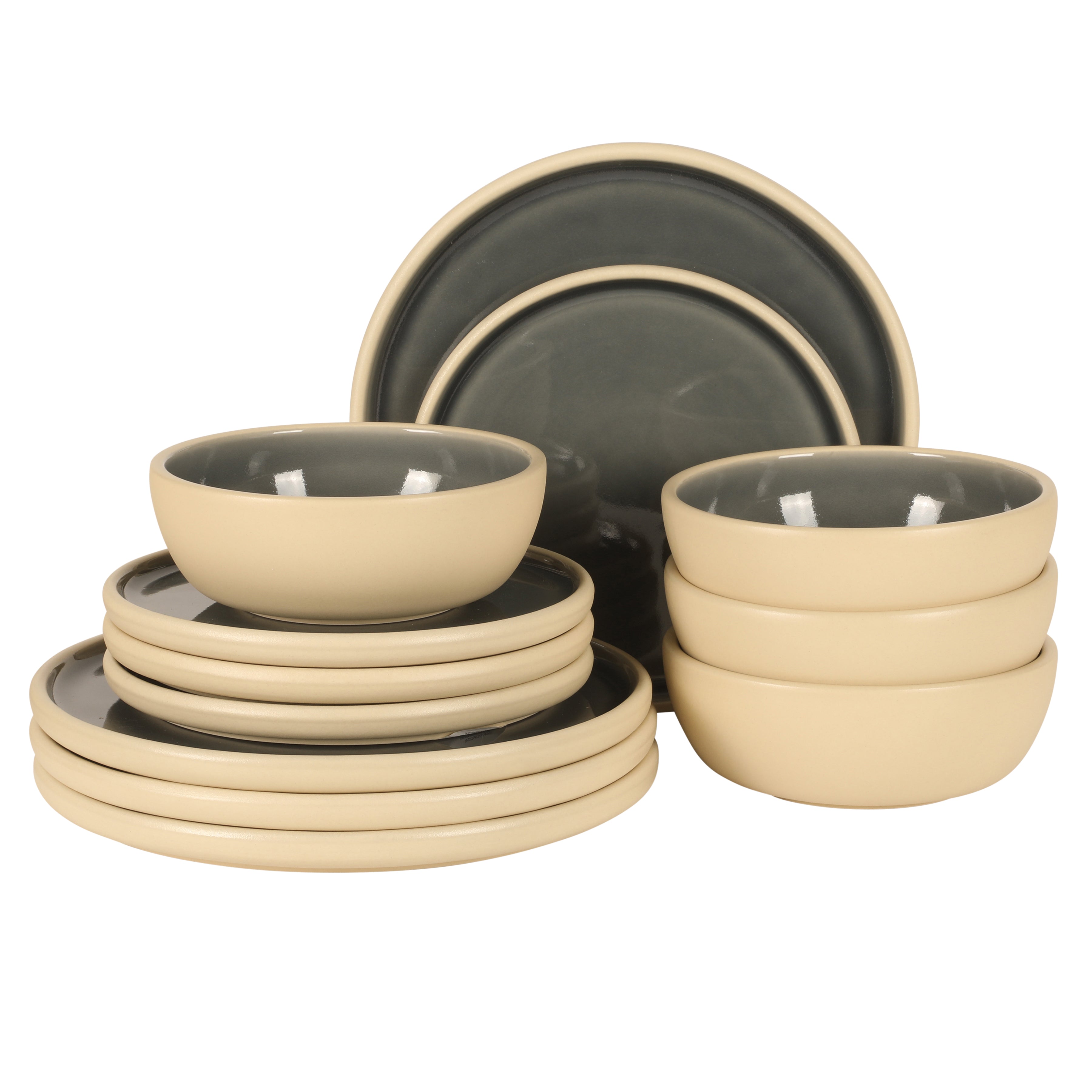 Gibson Elite - Made in Portugal - Port Gaia 12 Piece (Service for 4) Plates and Bowls Reactive Glaze Dishes Stoneware Ceramic Dinnerware Set