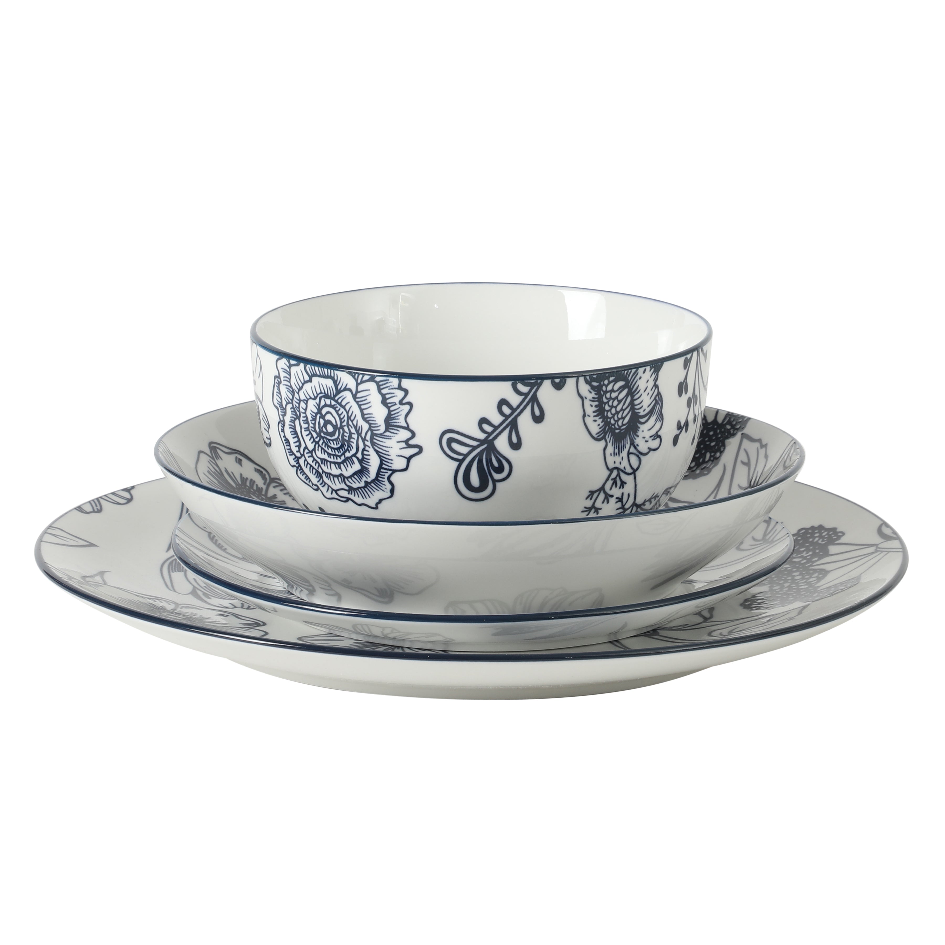 Gibson Home Westerly Court 16-Piece Dinnerware Set, Blue Floral Stoneware Plates & Bowls, Service for 4, Round Durable Everyday Dish Set