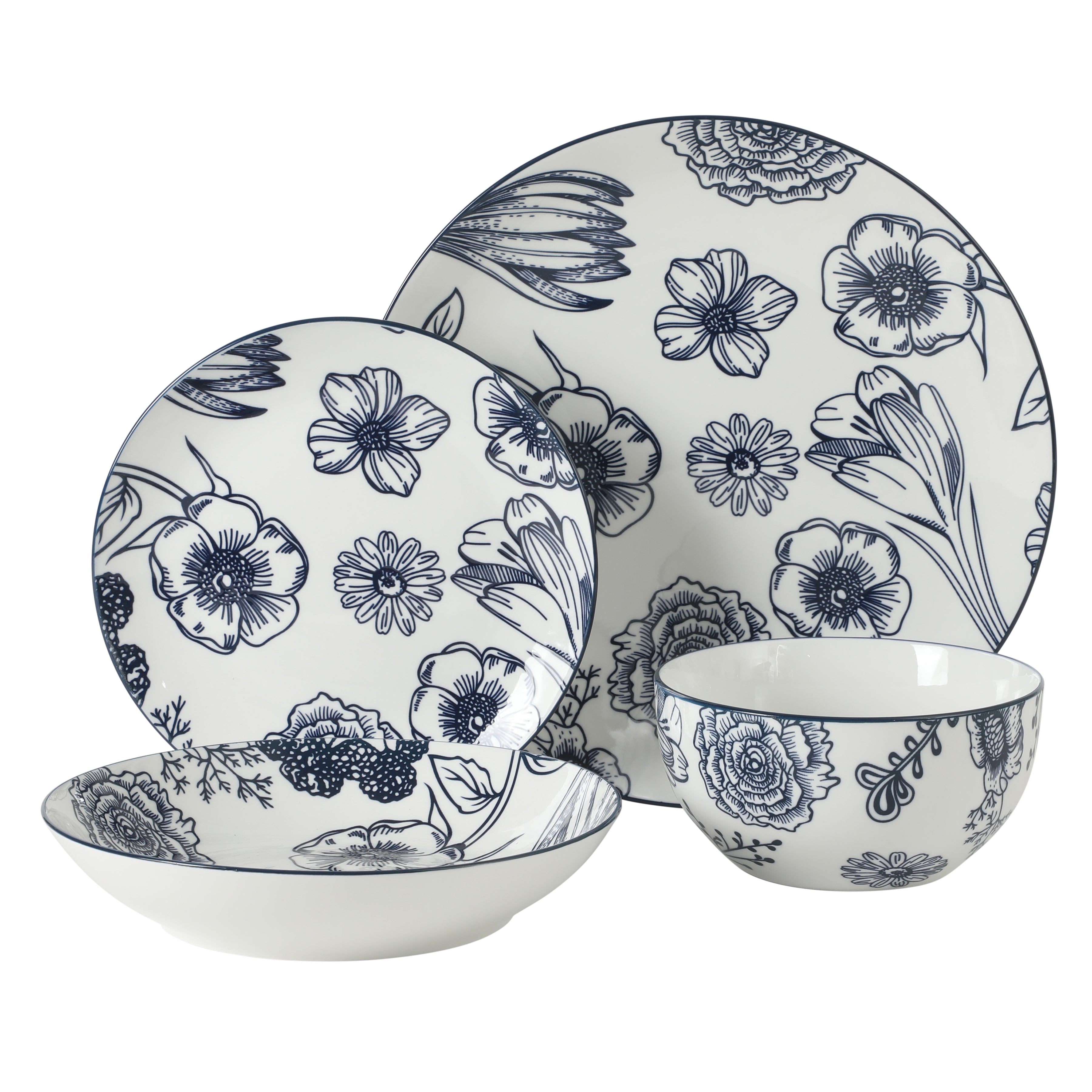 Gibson Home Westerly Court 16-Piece Dinnerware Set, Blue Floral Stoneware Plates & Bowls, Service for 4, Round Durable Everyday Dish Set