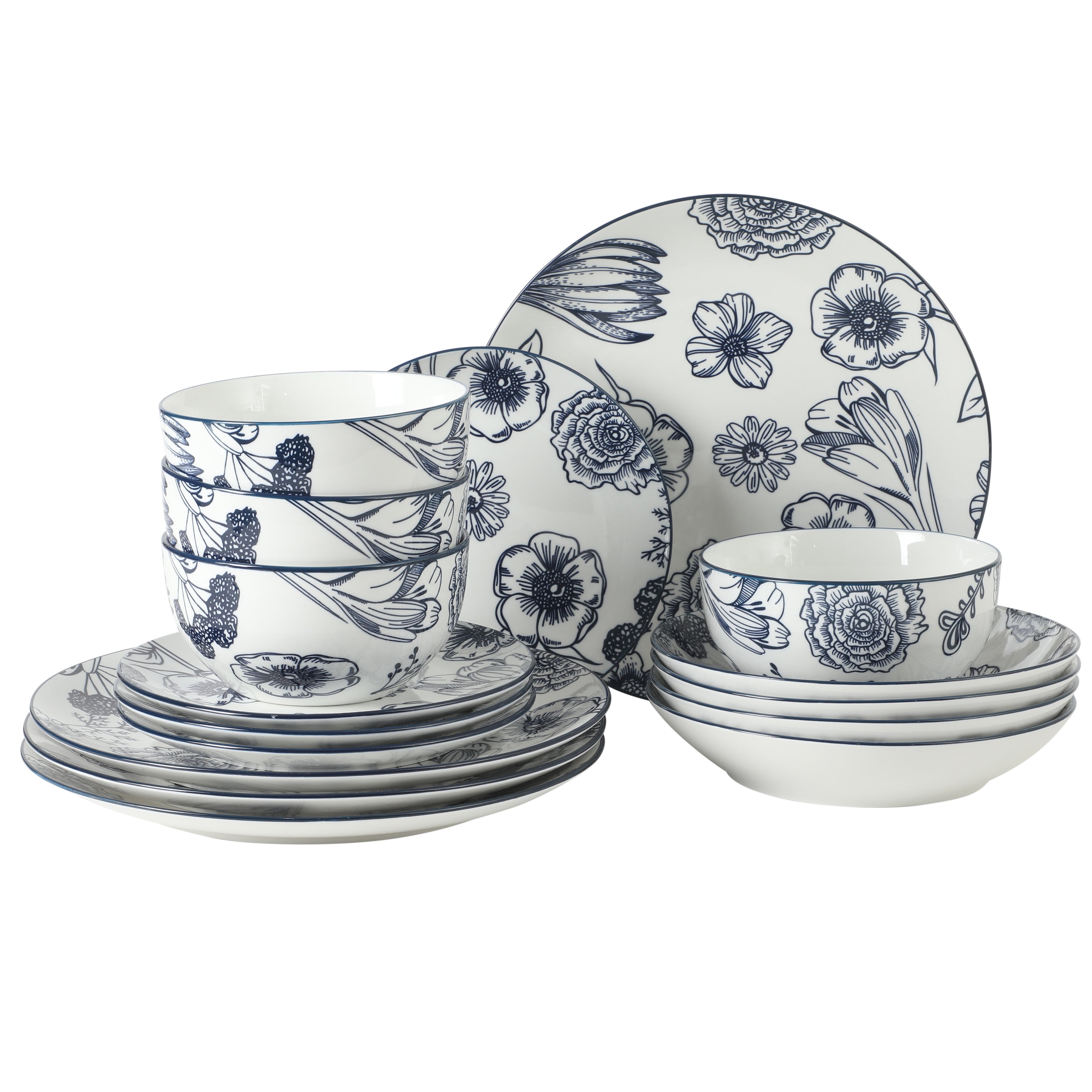 Gibson Home Westerly Court 16-Piece Dinnerware Set, Blue Floral Stoneware Plates & Bowls, Service for 4, Round Durable Everyday Dish Set