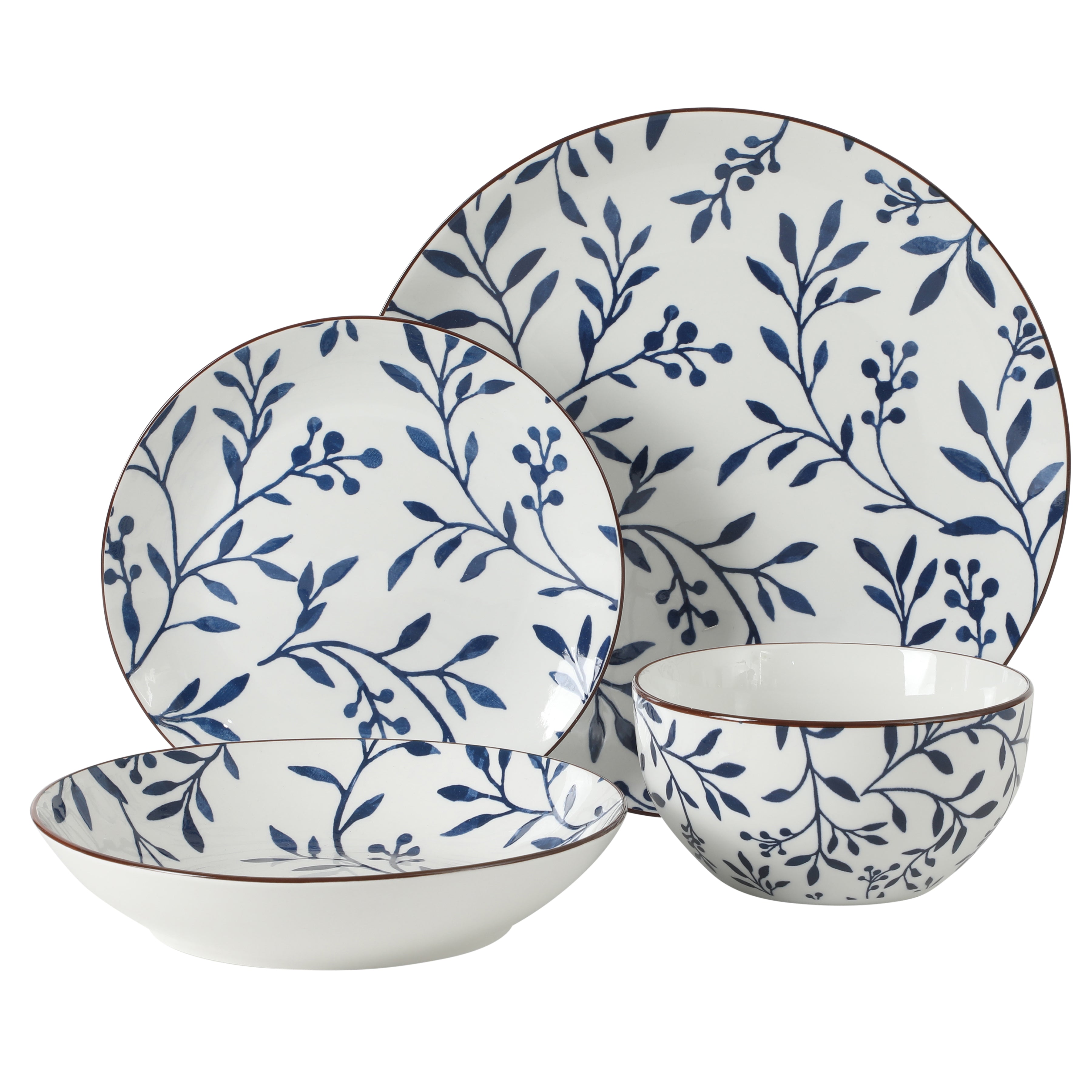 Gibson Home Palace Suite 16-Piece Dinnerware Set, Blue Floral Stoneware Plates & Bowls, Service for 4, Round Durable Everyday Dish Set