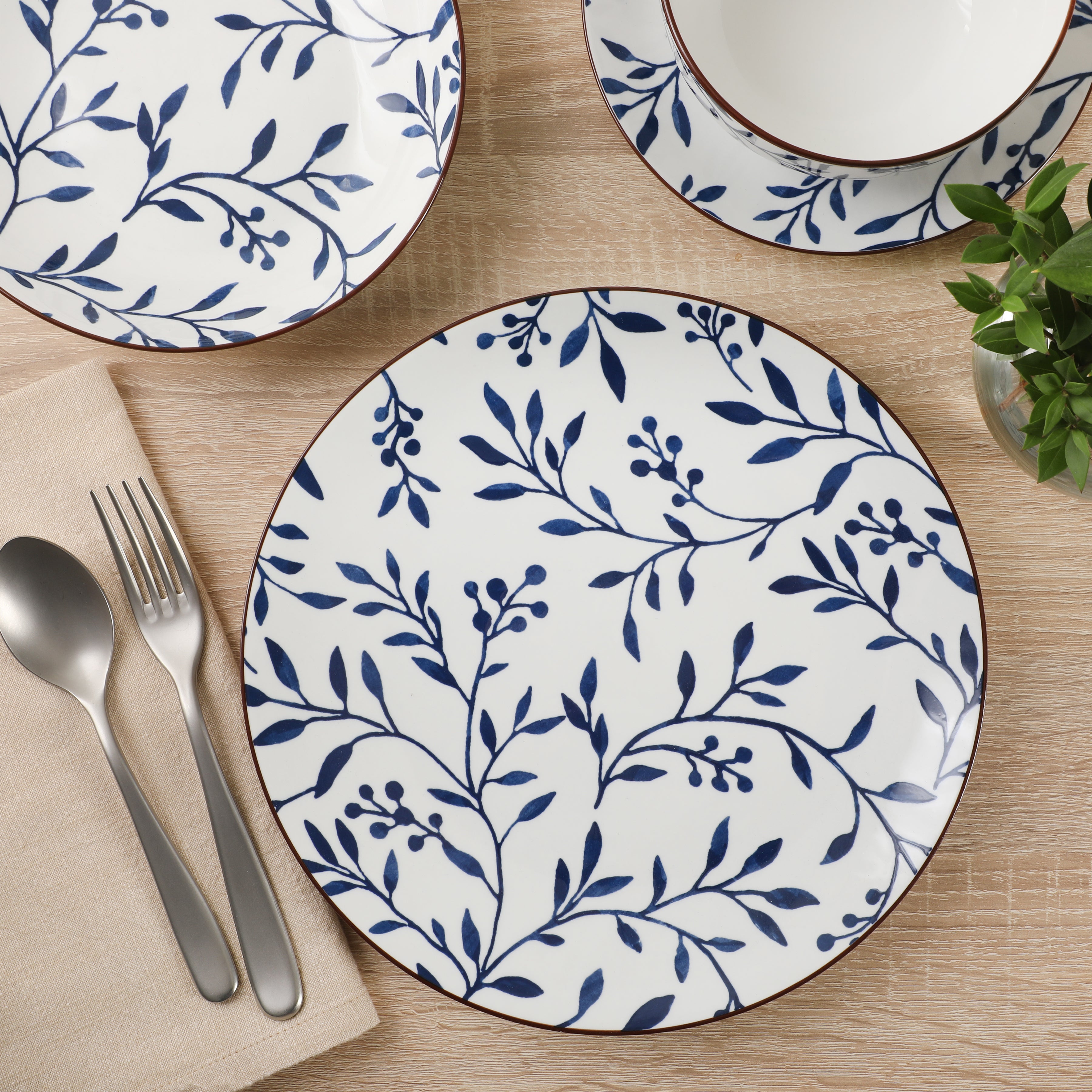 Gibson Home Palace Suite 16-Piece Dinnerware Set, Blue Floral Stoneware Plates & Bowls, Service for 4, Round Durable Everyday Dish Set