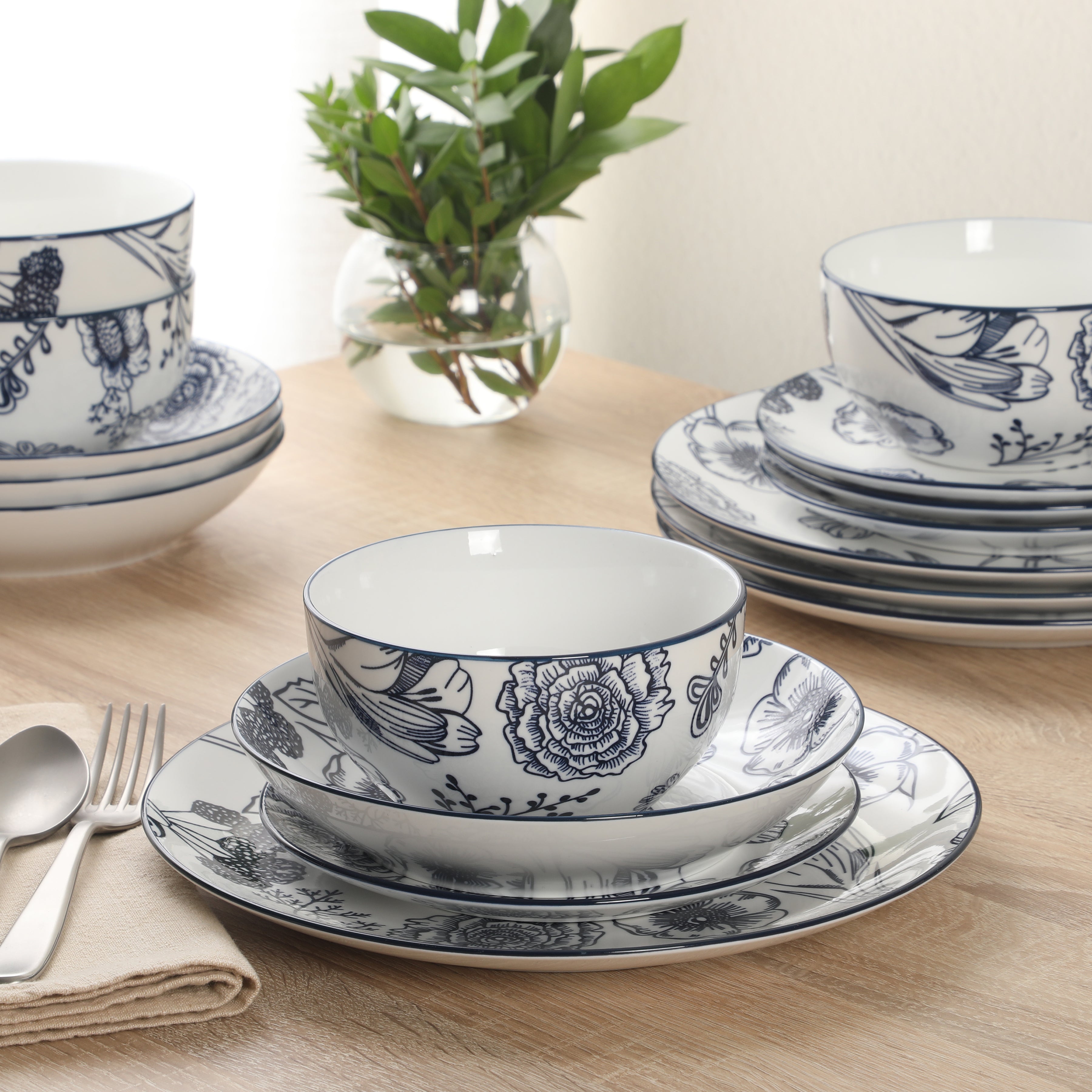 Gibson Home Westerly Court 16-Piece Dinnerware Set, Blue Floral Stoneware Plates & Bowls, Service for 4, Round Durable Everyday Dish Set