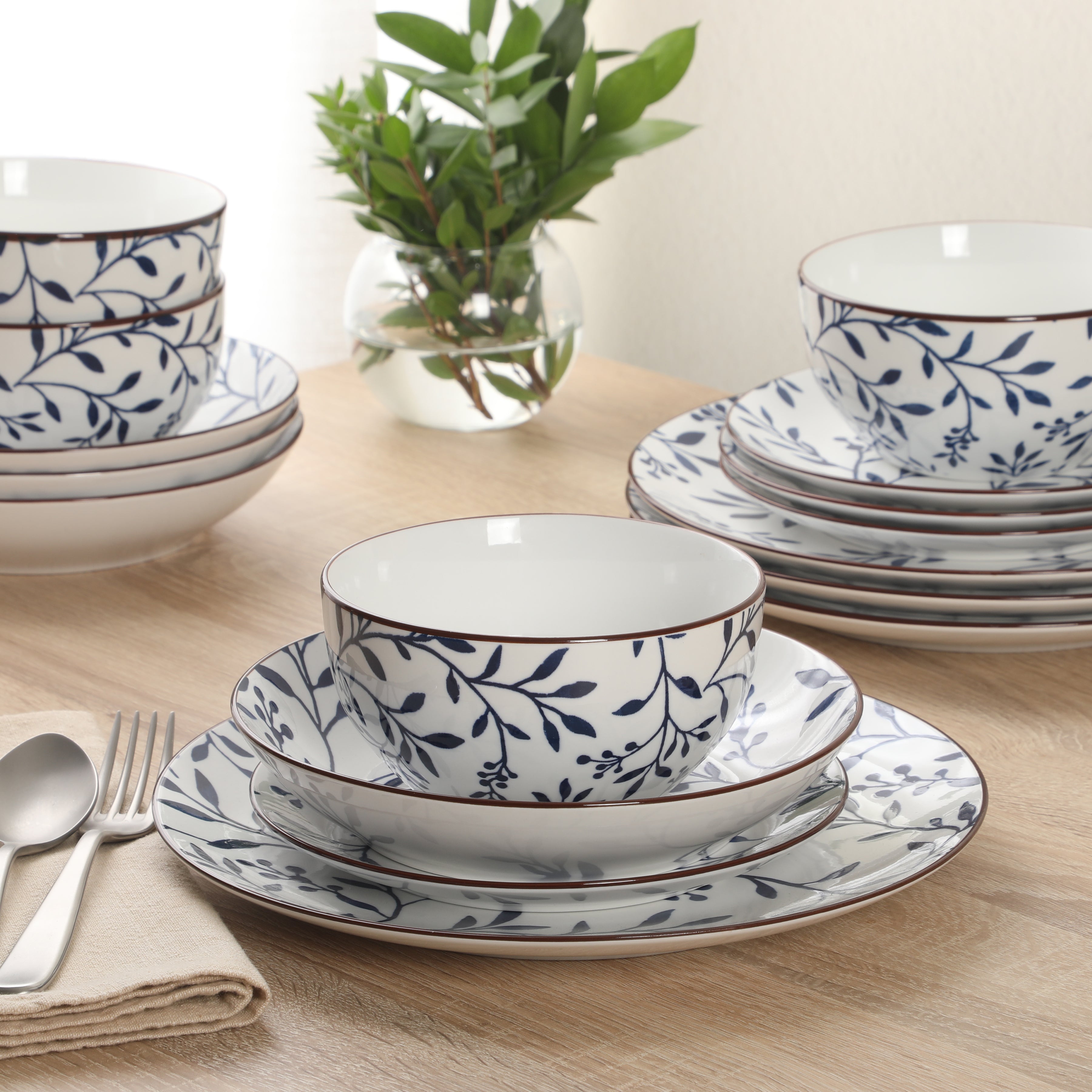 Gibson Home Palace Suite 16-Piece Dinnerware Set, Blue Floral Stoneware Plates & Bowls, Service for 4, Round Durable Everyday Dish Set