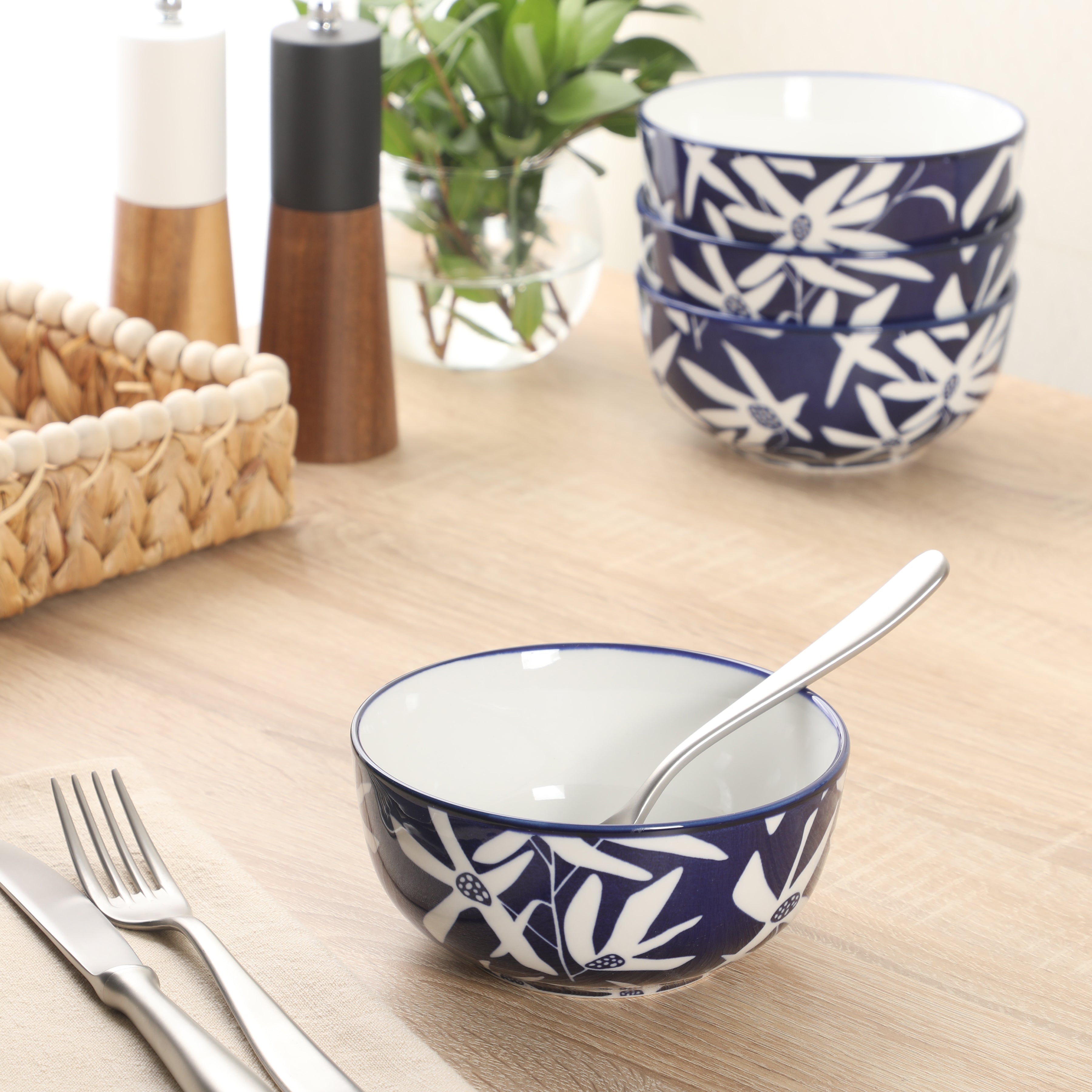 Gibson Home Ivory Estate 4-Piece Cereal Bowl Set, 5.5 Inch Round Stoneware Bowls, Blue & White Floral Pattern, Assorted Decorative Designs