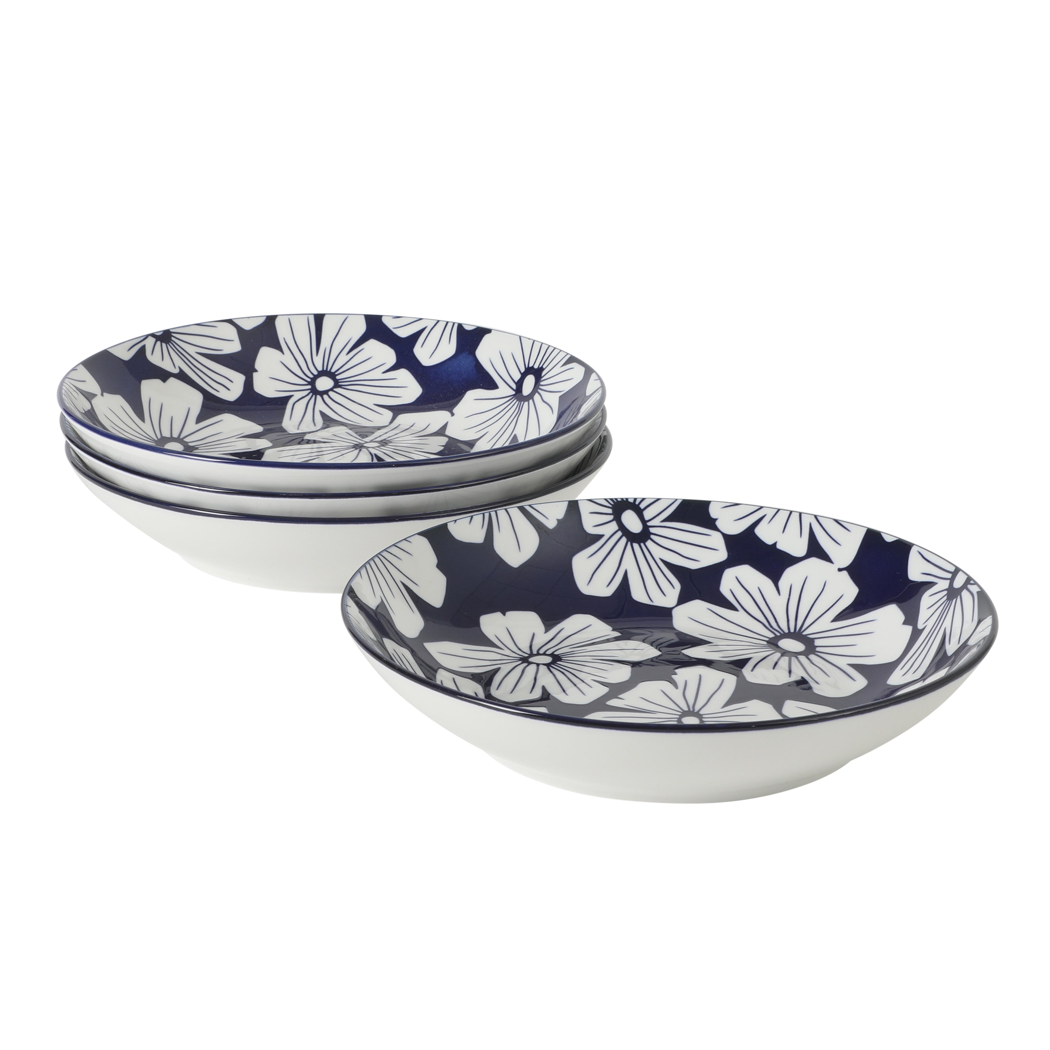 Gibson Home Heritage Sky 4-Piece Pasta Bowl Set, 8 Inch Round Stoneware Bowls, Blue & White Floral Design, Decorative Everyday Use