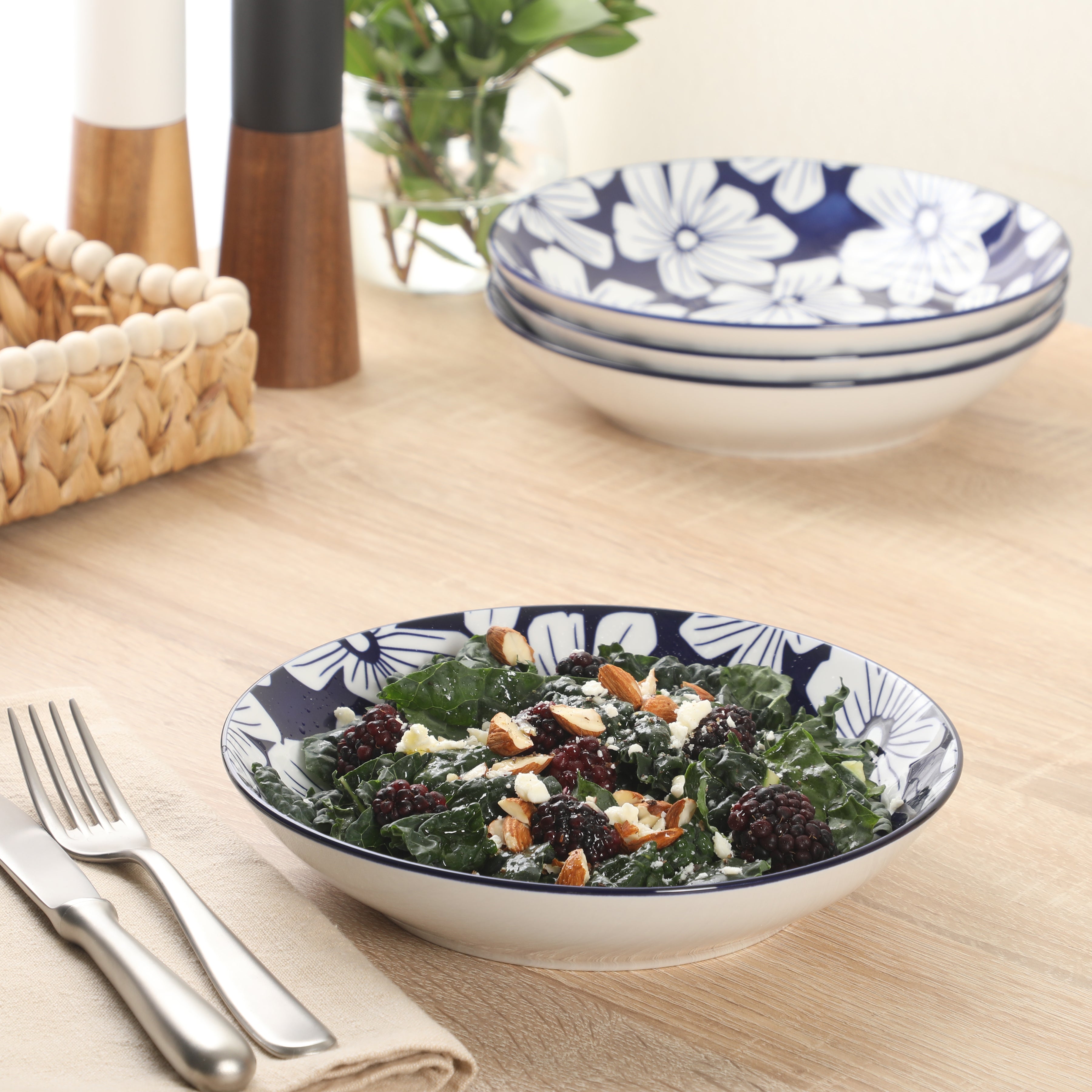 Gibson Home Heritage Sky 4-Piece Pasta Bowl Set, 8 Inch Round Stoneware Bowls, Blue & White Floral Design, Decorative Everyday Use