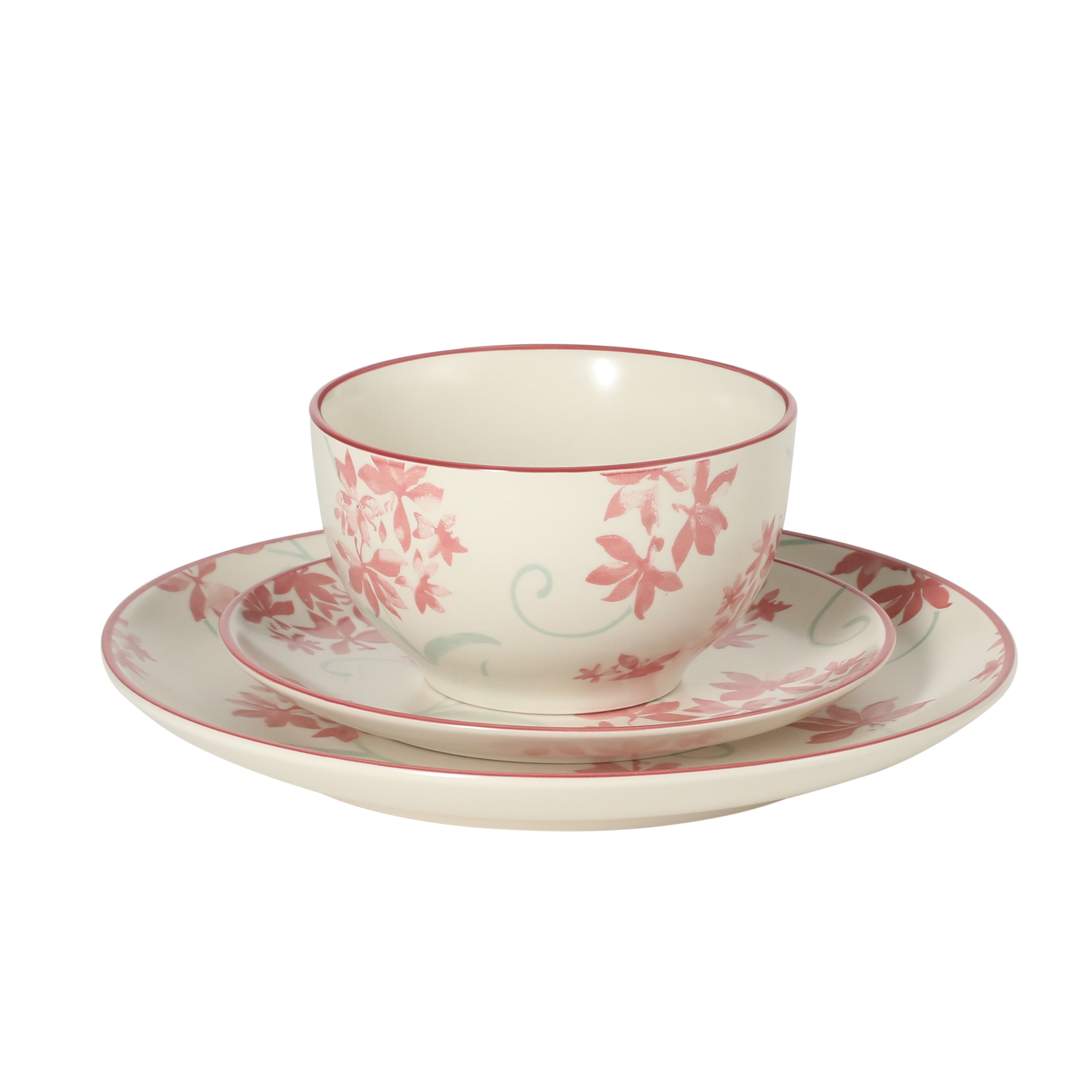 Gibson Home Admiral Hall 12-Piece Matte Stoneware Dinnerware Set – Dinner Plates, Salad Plates & Bowls with Pink Floral Pattern, Durable Everyday Dish Set, Microwave & Dishwasher Safe