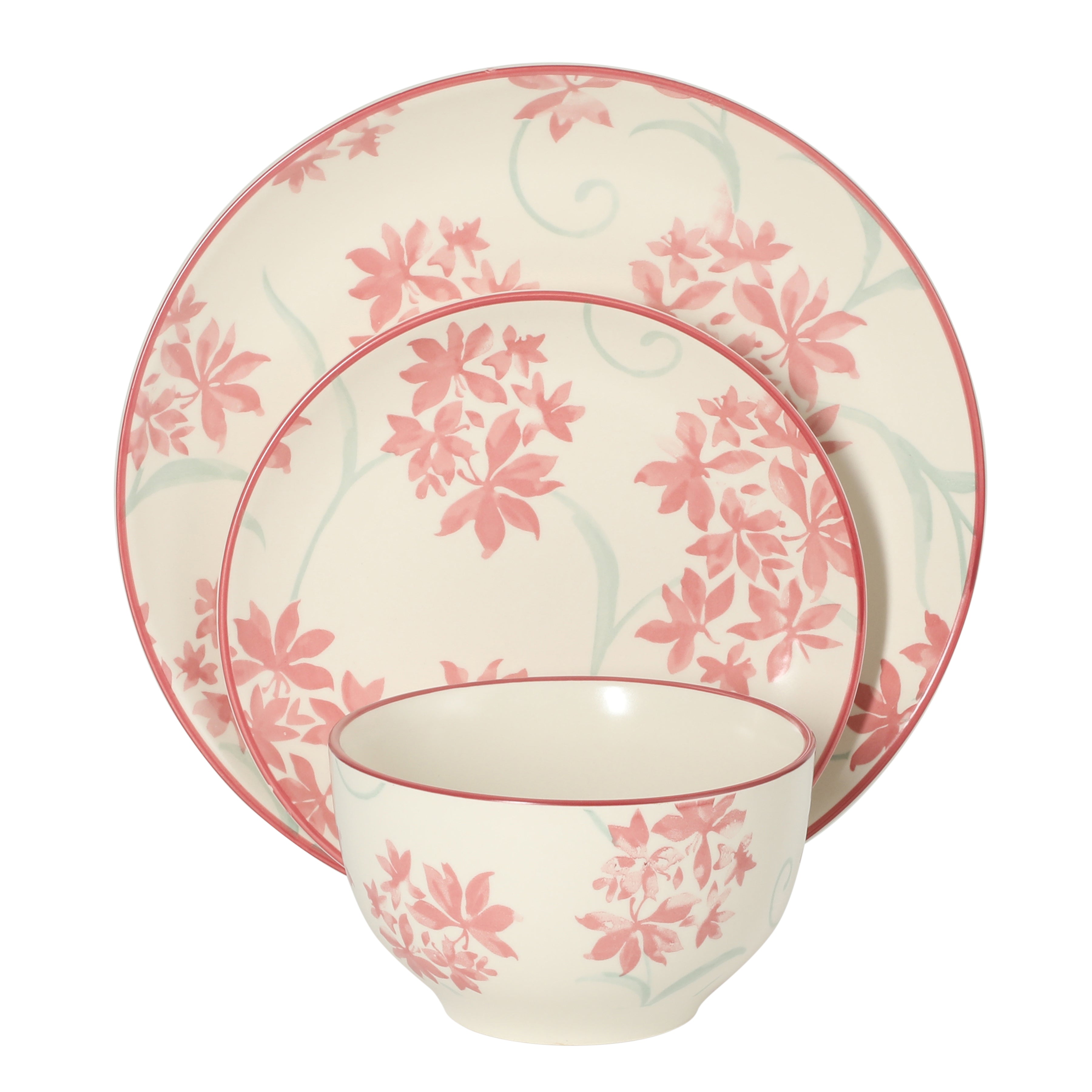 Gibson Home Admiral Hall 12-Piece Matte Stoneware Dinnerware Set – Dinner Plates, Salad Plates & Bowls with Pink Floral Pattern, Durable Everyday Dish Set, Microwave & Dishwasher Safe